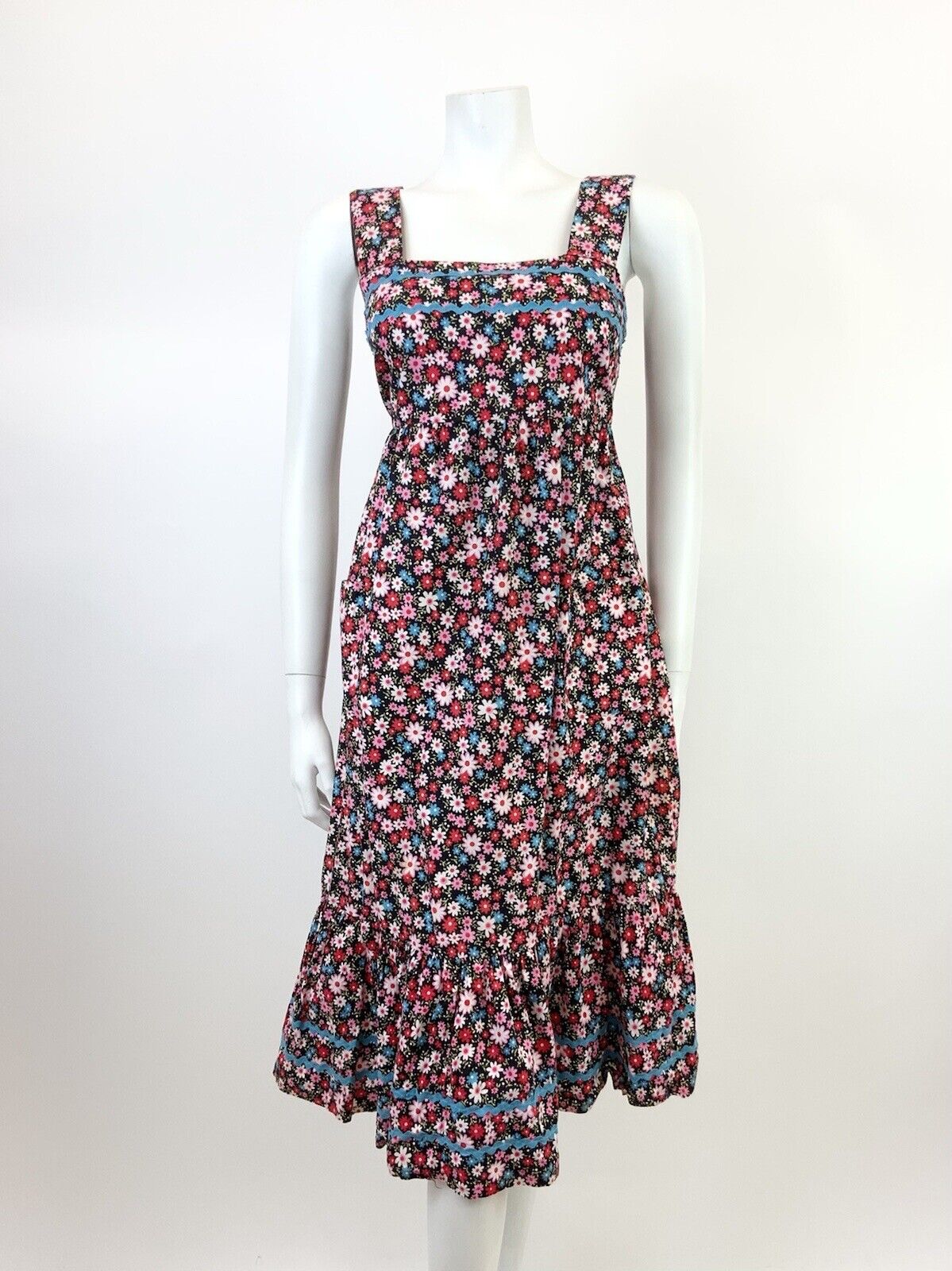 VTG 60s 70s BLACK PINK BLUE RED FLORAL DAISY RIC RAC MOD TENT EMPIRE DRESS 8 10