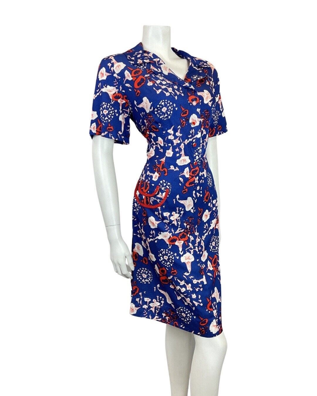 VINTAGE 60s 70s BLUE RED WHITE FLORAL PSYCHEDELIC GLITTERY MOD SHIRT DRESS 14 16