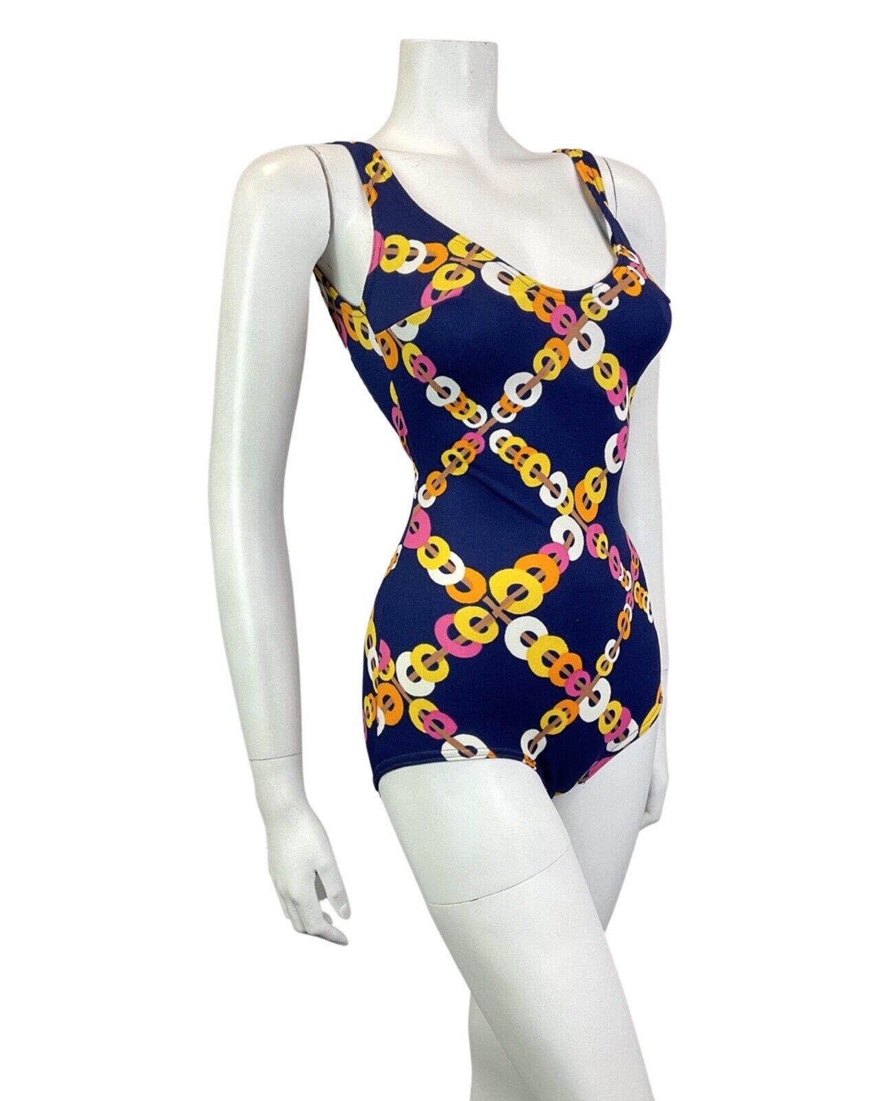 VINTAGE 60s 70s BLUE ORANGE PINK CHAIN-LINK GEOMETRIC MOD SWIMSUIT BODYSUIT 8