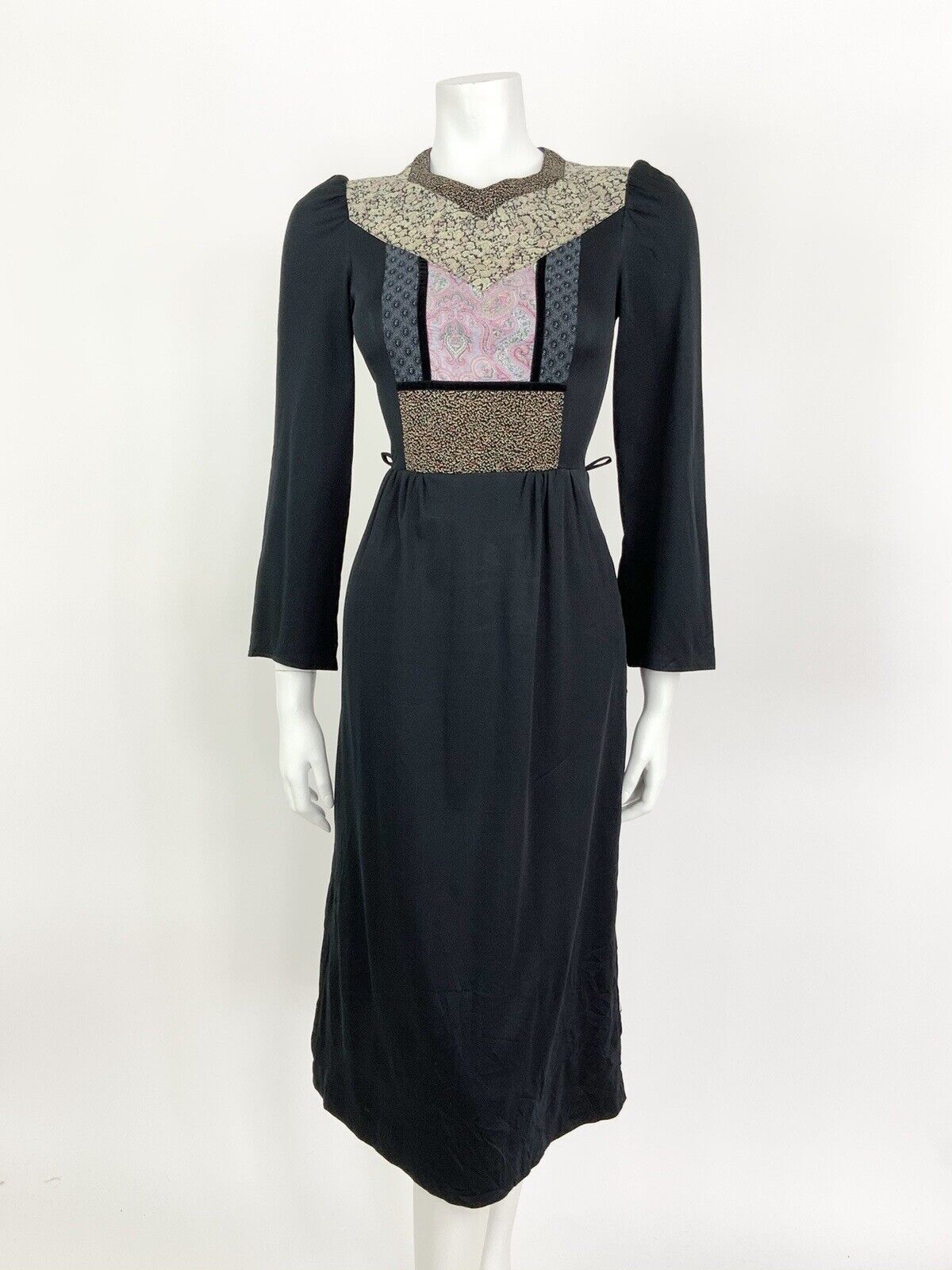VINTAGE 60s 70s BLACK PINK GREEN FLORAL DITSY PAISLEY BOHO FOLK PRAIRIE DRESS 8