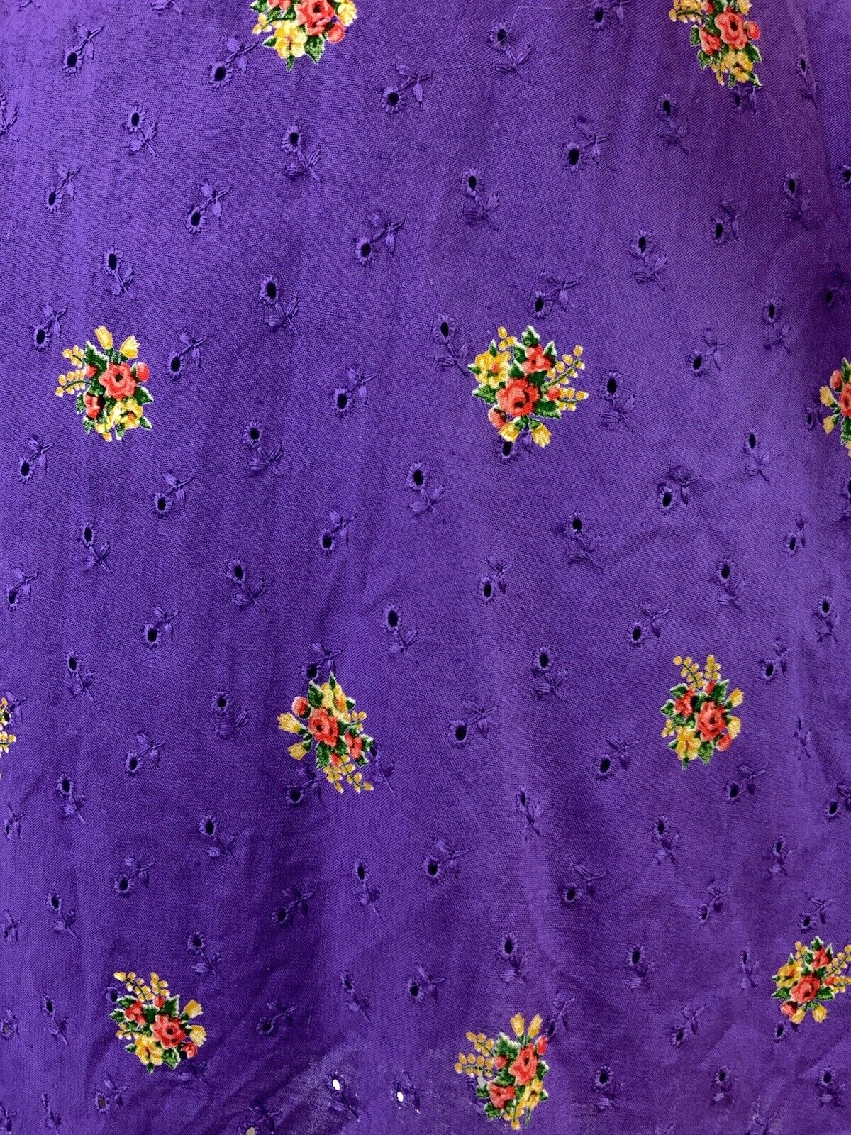 VINTAGE 60s 70s PURPLE YELLOW ANGLAISE EMBROIDERED FLORAL ROSE MOD DRESS 8