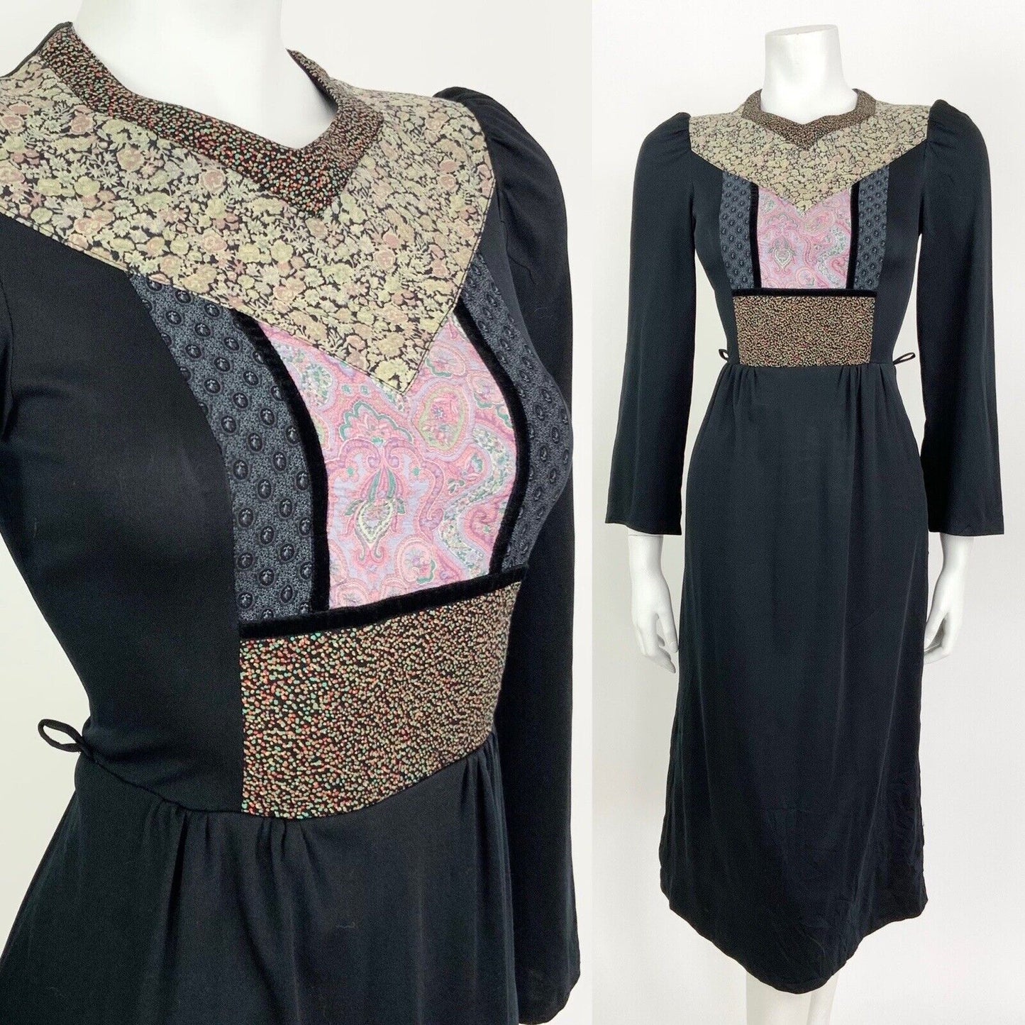 VINTAGE 60s 70s BLACK PINK GREEN FLORAL DITSY PAISLEY BOHO FOLK PRAIRIE DRESS 8