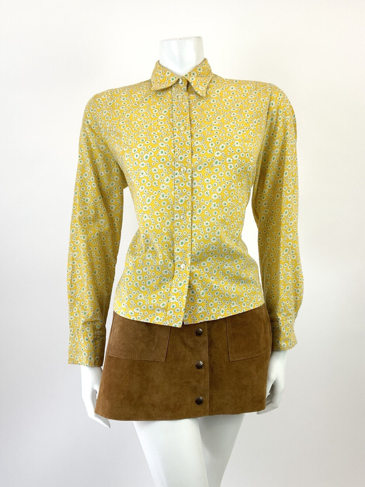 VINTAGE 60s 70s YELLOW WHITE GREEN FLORAL DITSY MOD DAGGER SHIRT BLOUSE 16 18
