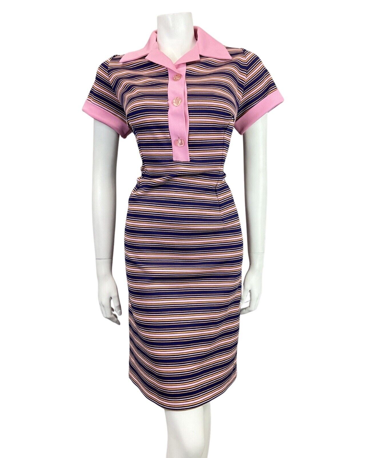 VINTAGE 60s 70s NAVY BLUE BABY PINK STRIPED MOD SHIRT DRESS 12 14