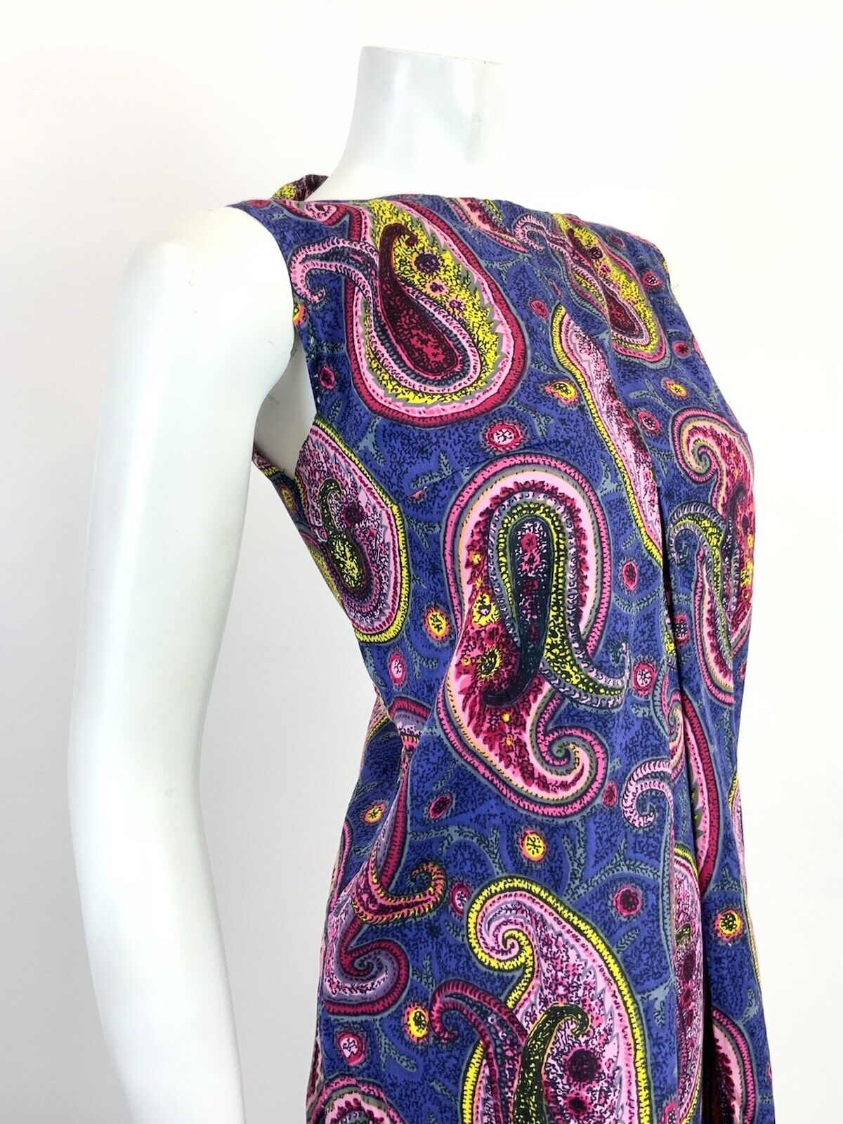 VTG 60s 70s BLUE PINK YELLOW PSYCHEDELIC PAISLEY MOD SHIFT  A-LINE DRESS 10 12