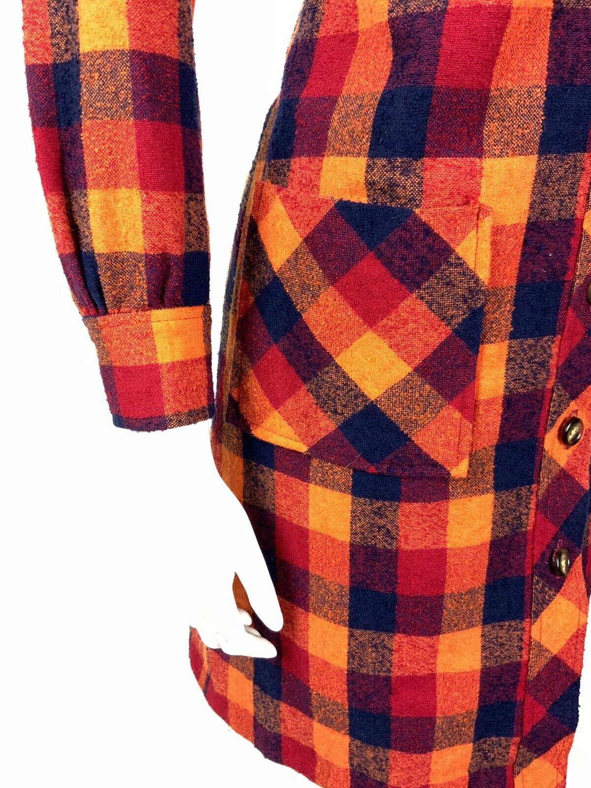 VINTAGE ORANGE RED BLUE CHECKED DAGGER COLLAR MOD WOOL COAT 8 10