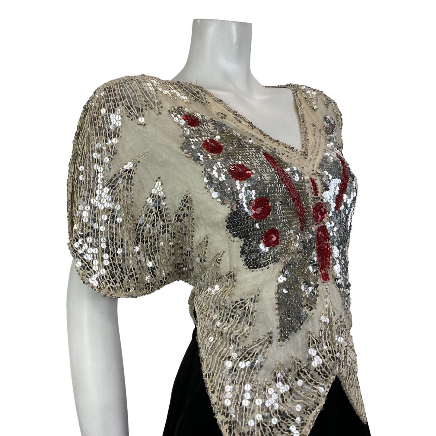 VINTAGE 70s WHITE RED SILVER SEQUIN BEADED BUTTERFLY DISCO GLAM PARTY TOP 12 14