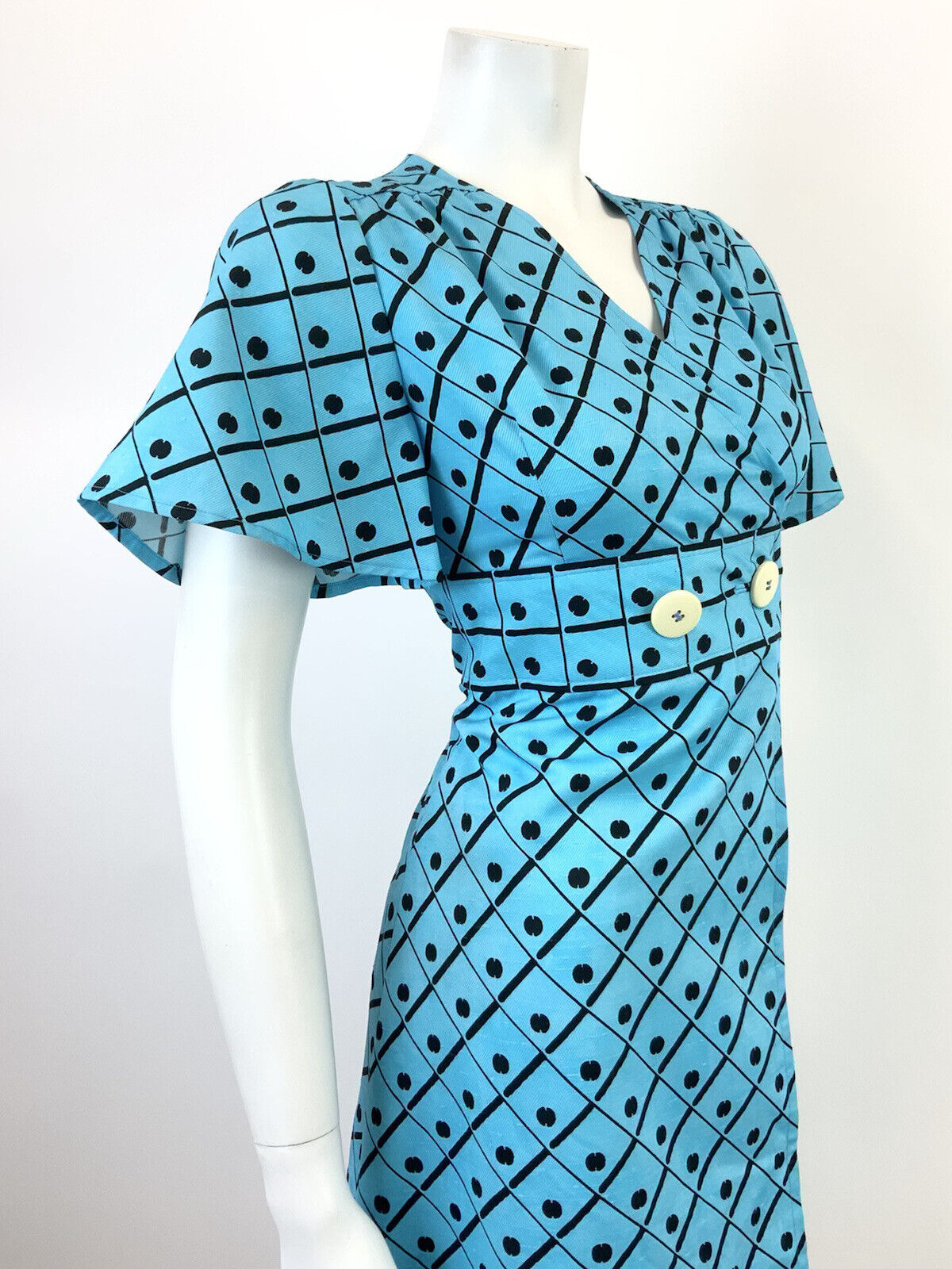 VINTAGE 60s 70s BRIGHT BLUE BLACK GRID CHECKED DOTTY BELL SLEEVE MOD DRESS 8 10