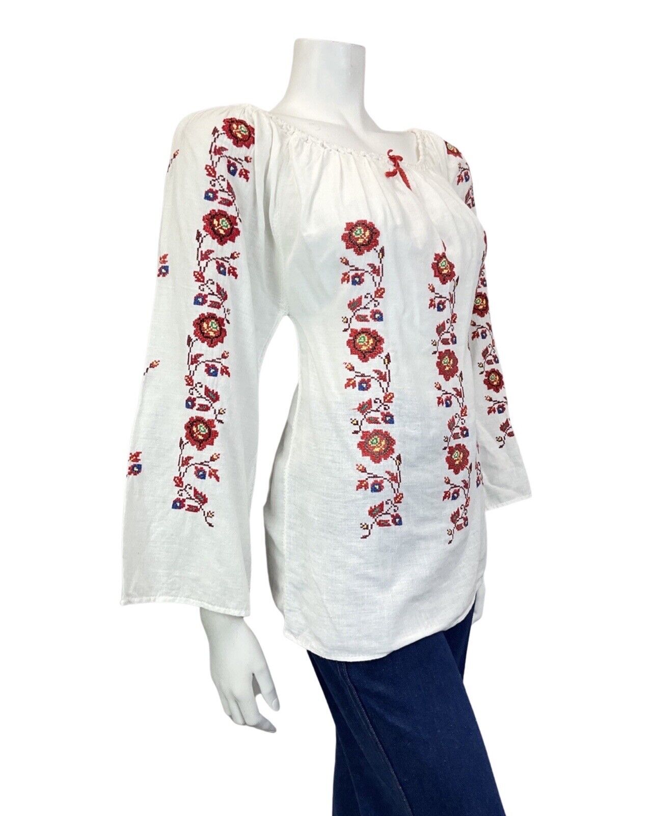 VINTAGE 60s 70s WHITE RED FLORAL CROSS-STITCH BOHO FOLK LONGSLEEVE BLOUSE 10 12