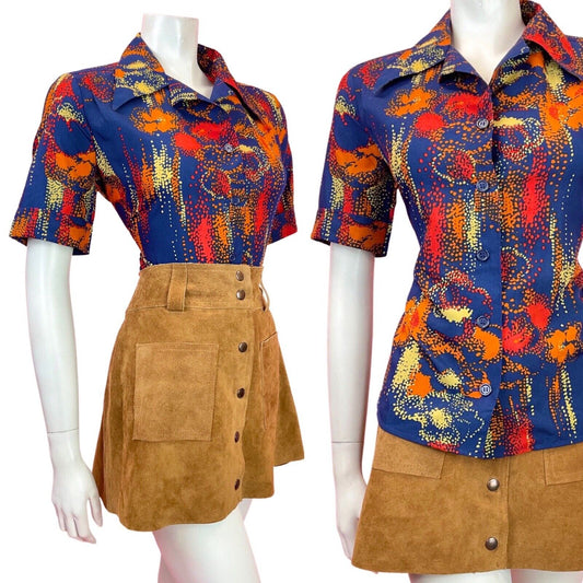 VINTAGE 60s 70s BLUE RED ORANGE PSYCHEDELIC ABSTRACT DOTTY MOD BLOUSE TOP 16