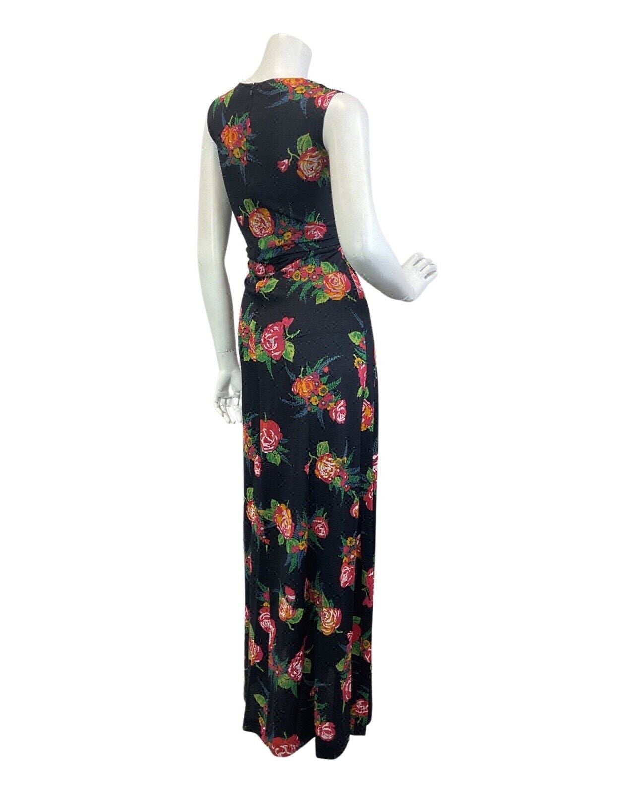 VINTAGE 60s 70s BLACK RED GREEN ROSE FLOWER BOUQUET SLEEVELESS MAXI DRESS 12 14