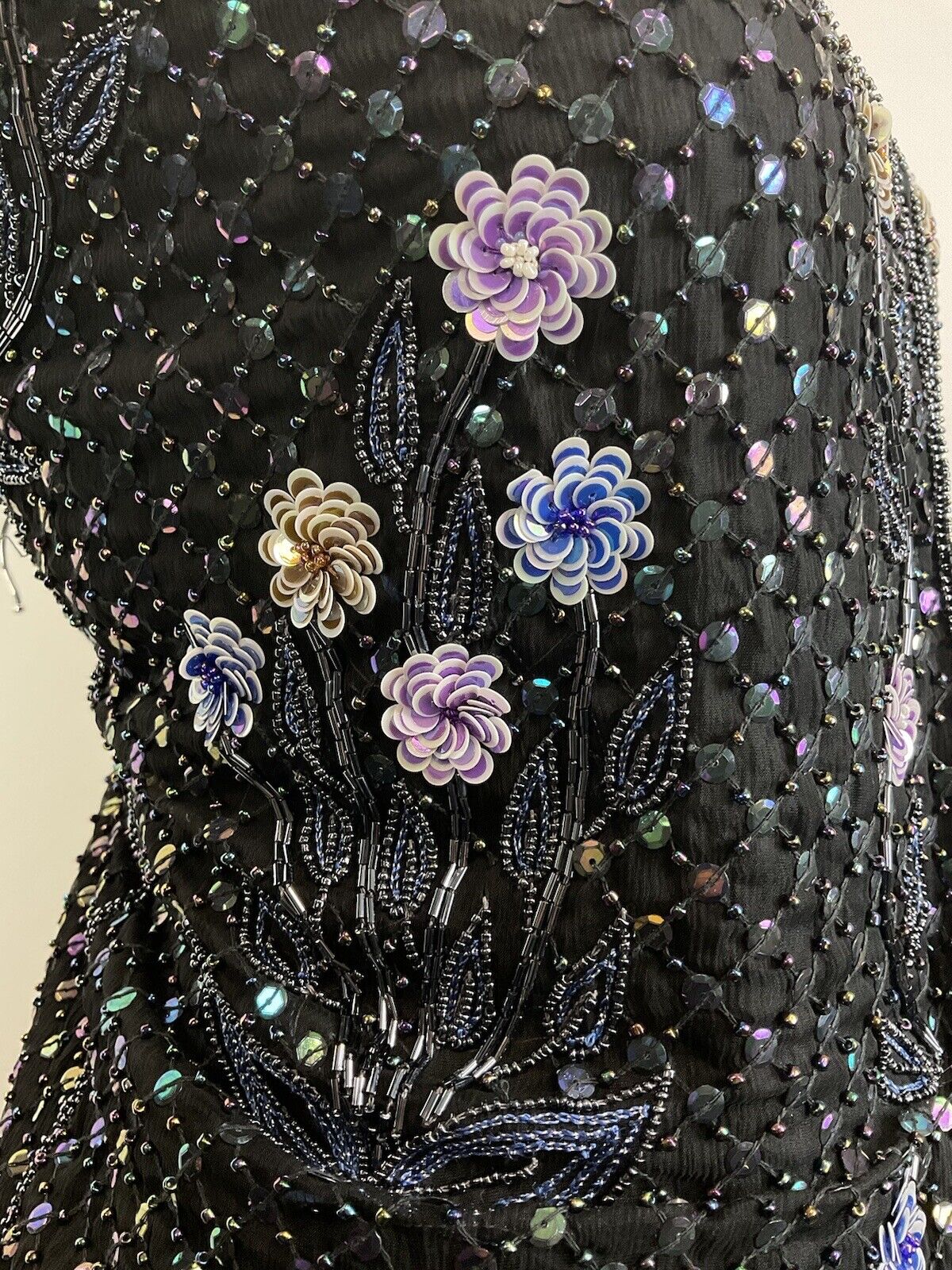 VINTAGE 70s 80s BLACK PURPLE FLORAL SEQUIN BEADED DISCO GLAM WAISTCOAT TOP 12 14