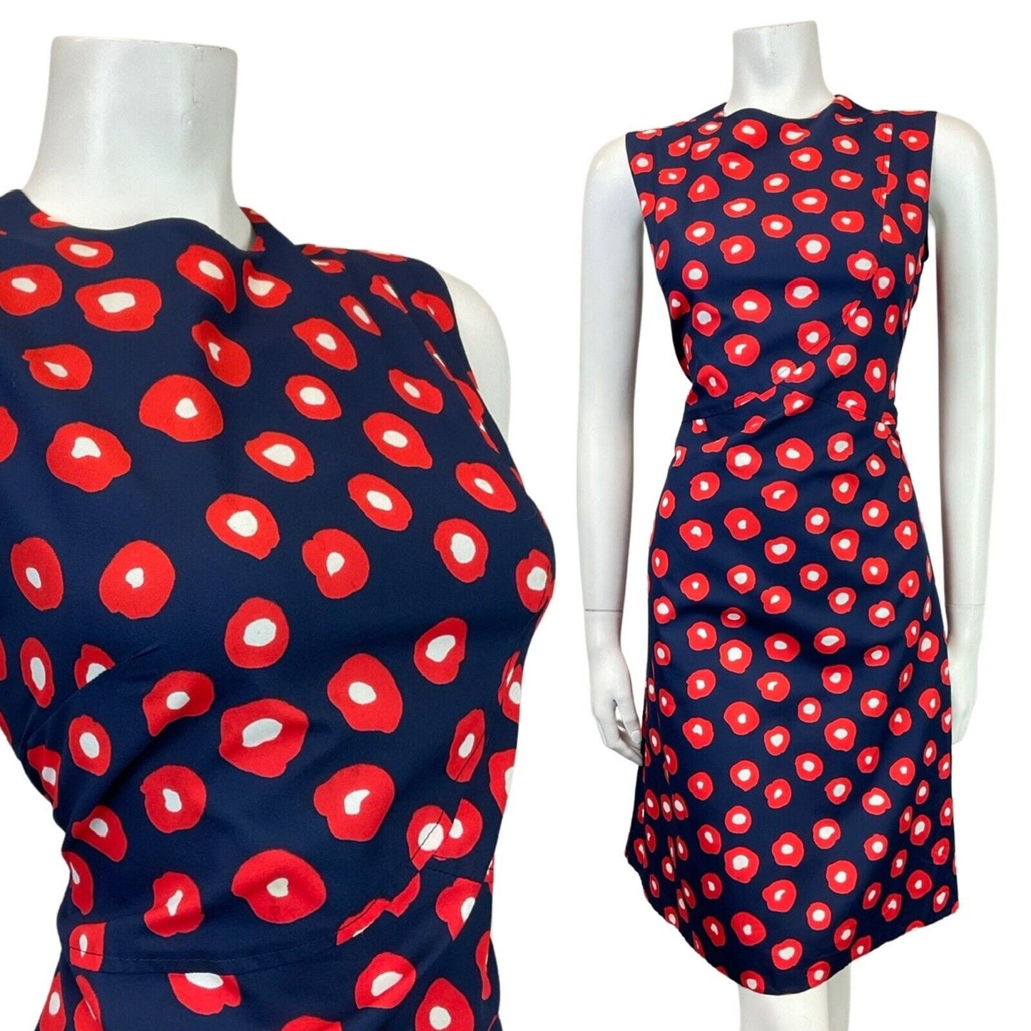 VINTAGE 60s 70s BLUE RED WHITE ABSTRACT DOTTY SLEEVELESS MOD DRESS 10 12