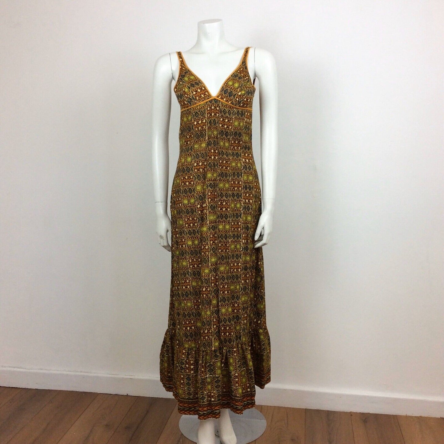 60S 70s VTG BROWN ORANGE BATIK PRINT FESTIVAL TRIBAL BOHO MAXI DRESS 10 12