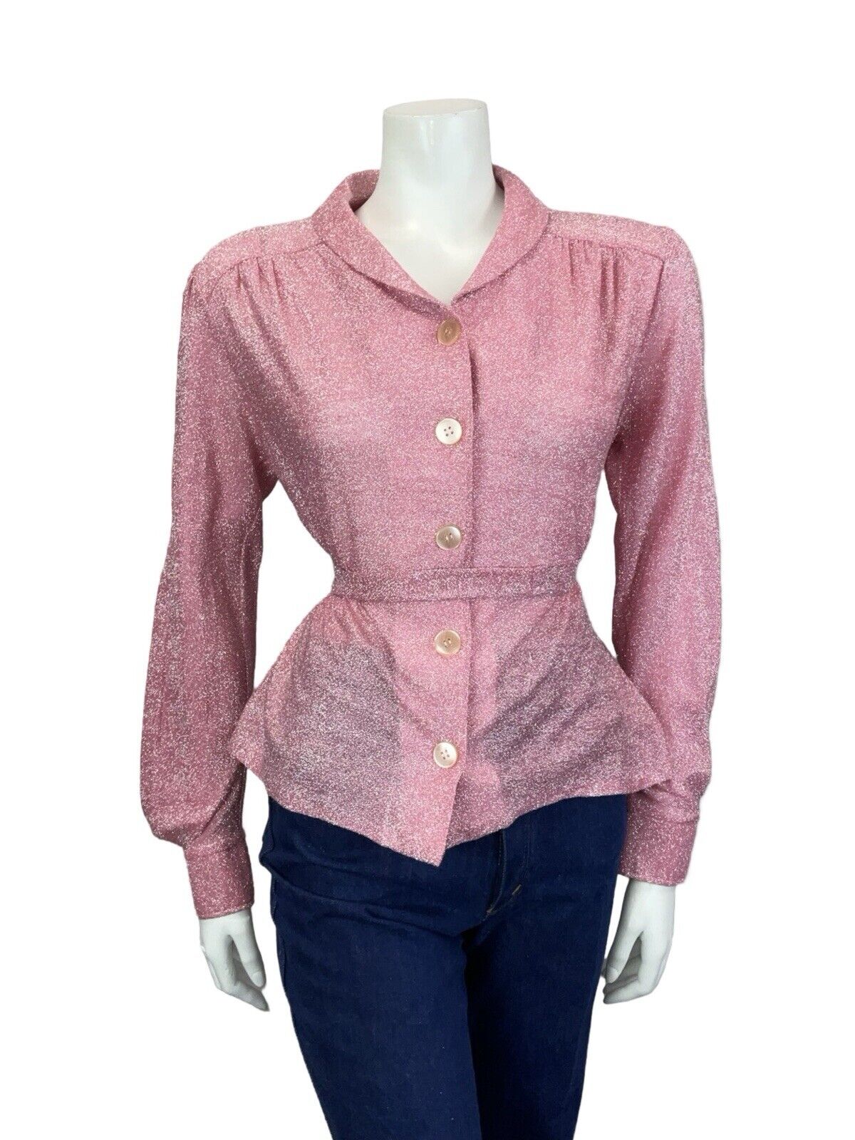 VTG 60S 70S SAILOR COLLAR PINK LUREX BUTTON DOWN TIE WAIST PARTY SHIRT 12 14 M