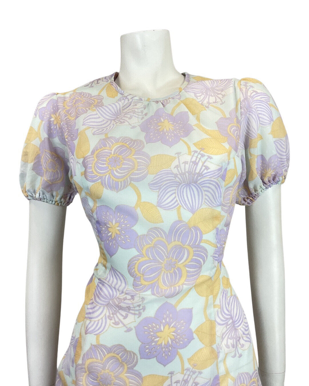 VINTAGE 60s 70s PURPLE BLUE YELLOW FLORAL MOD PUFF SLEEVE SWING DRESS 10 12