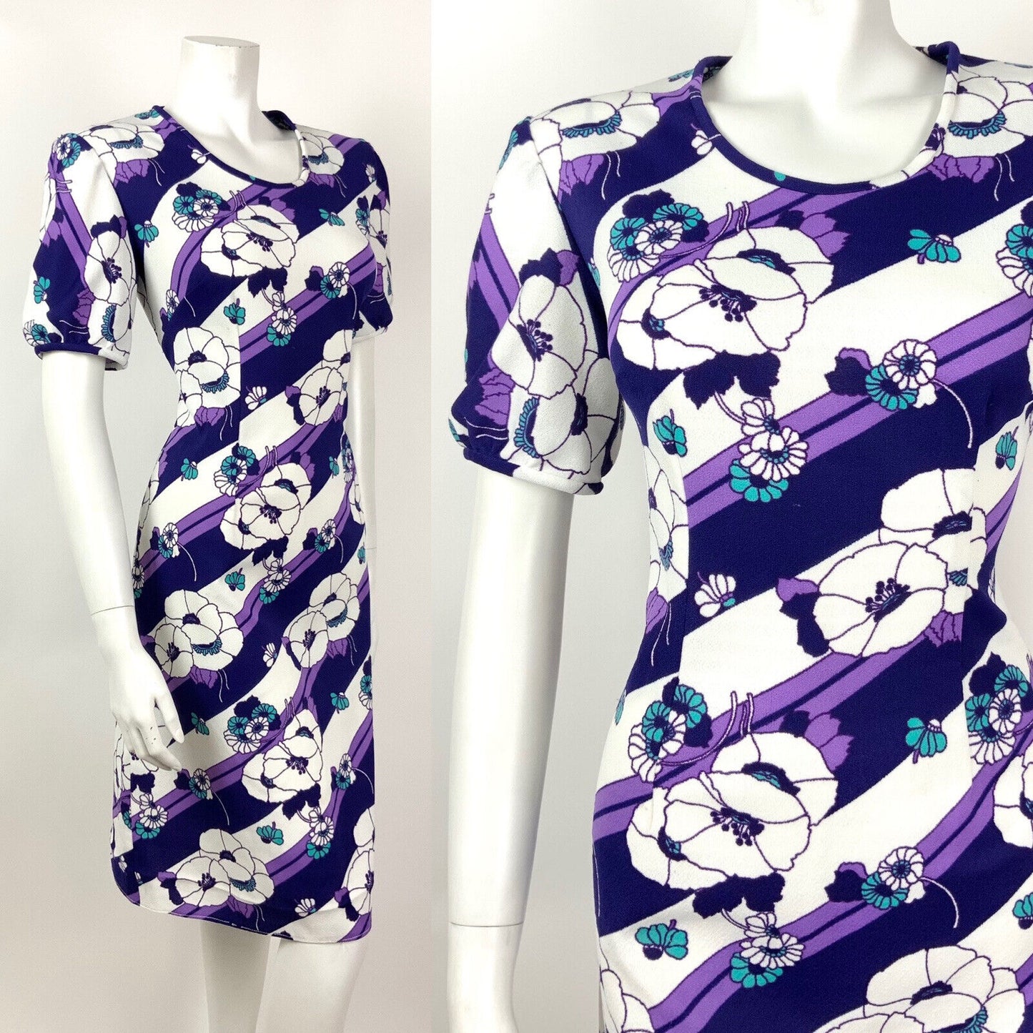 VINTAGE 60s 70s PURPLE WHITE TURQUOISE STRIPED FLORAL MOD DRESS 14 16