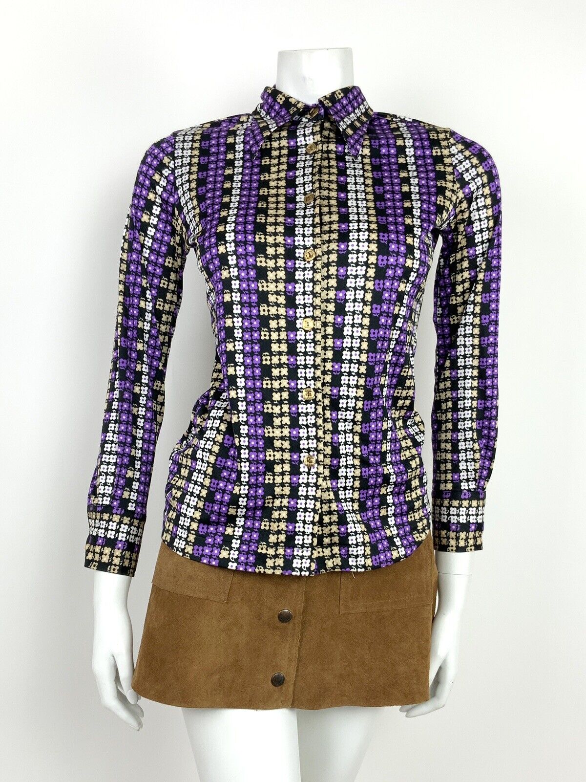VINTAGE 60s 70s BLACK PURPLE WHITE BEIGE FLORAL PSYCHEDELIC DAISY SHIRT 10 12