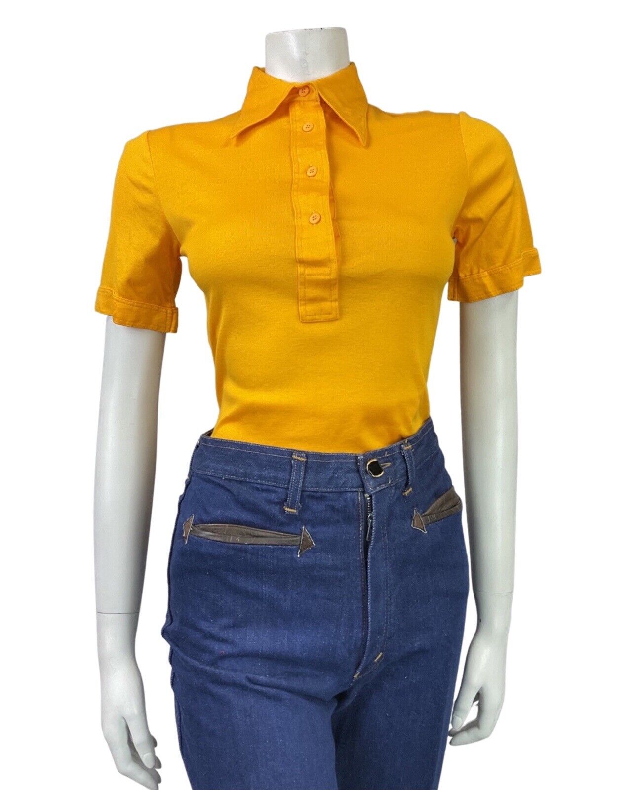 VINTAGE 60s 70s SUNSHINE YELLOW MOD DAGGER COLLAR SHORT SLEEVE SHIRT 8 10