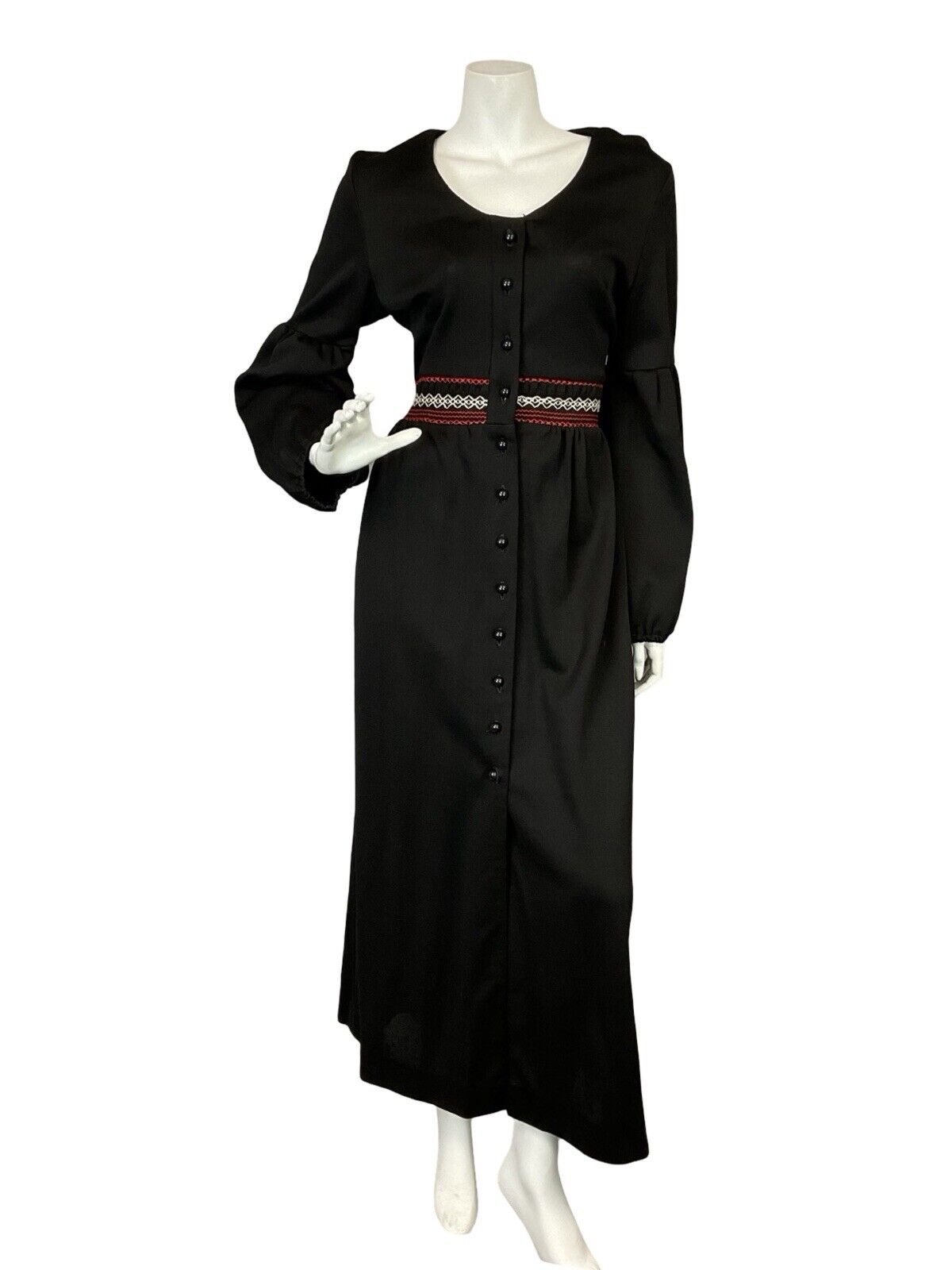 VTG 70S BLACK WHITE RED RUCHING JULIET SLEEVE BOHO HIPPY BUTTON UP MAXI DRESS 10