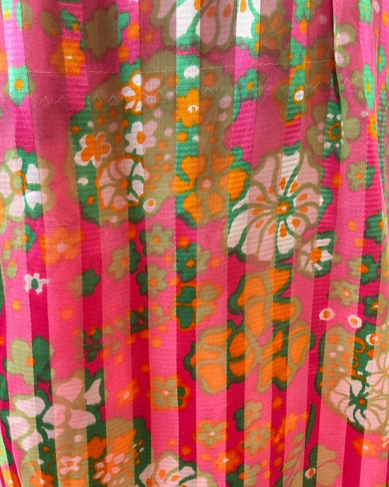 VINTAGE 60s 70s FUCHSIA PINK GREEN WHITE FLORAL STRIPED SHEER MOD DRESS 10 12