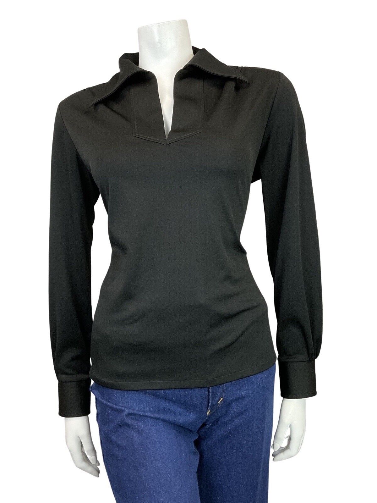 VINTAGE 60s 70s JET BLACK DAGGER COLLAR BLOUSE TOP 14 16