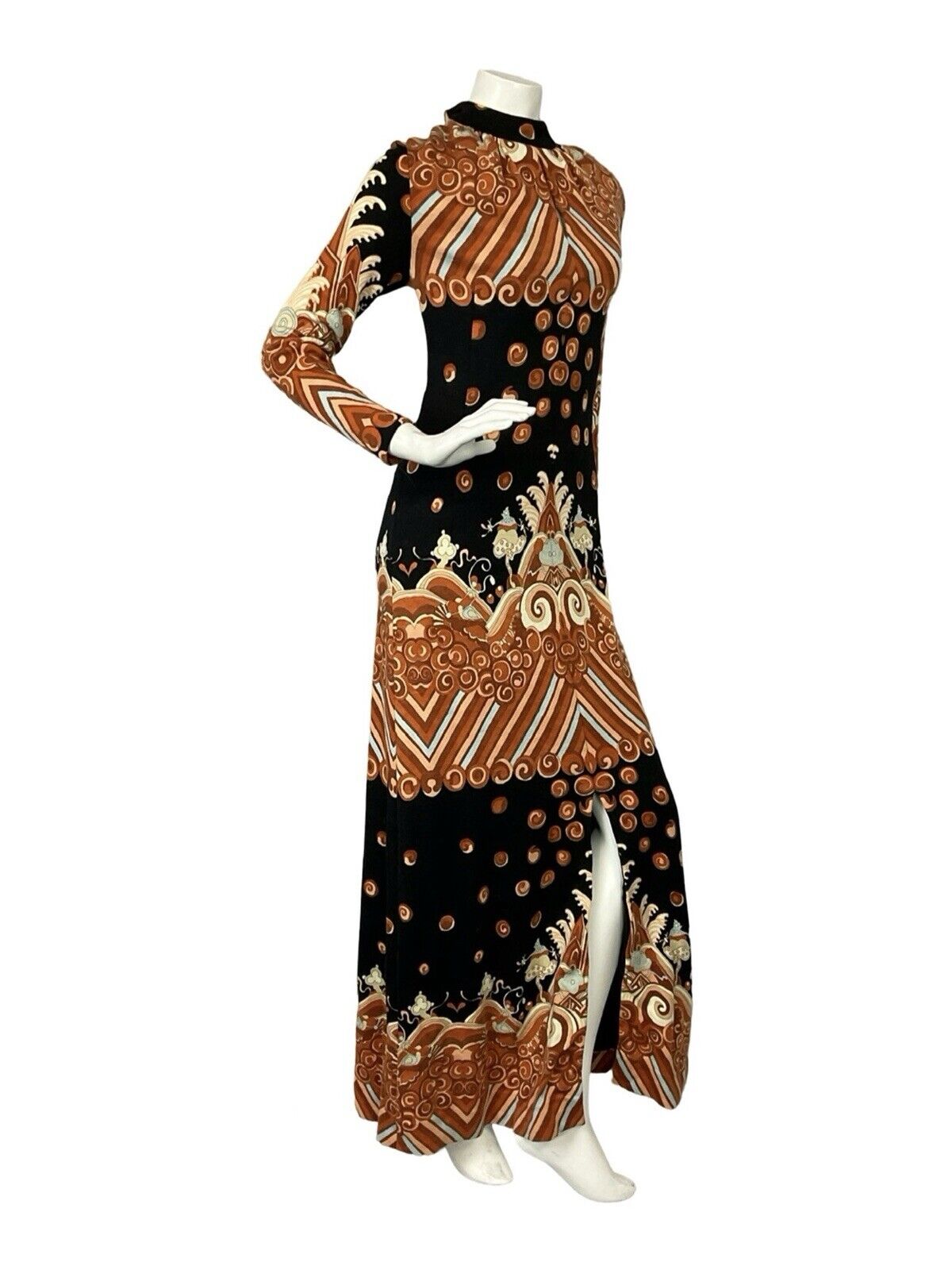 VTG 60S 70S ORANGE BLUE BLACK PSYCHEDELIC HIPPY KEYHOLE PARTY MAXI DRESS S 8 10