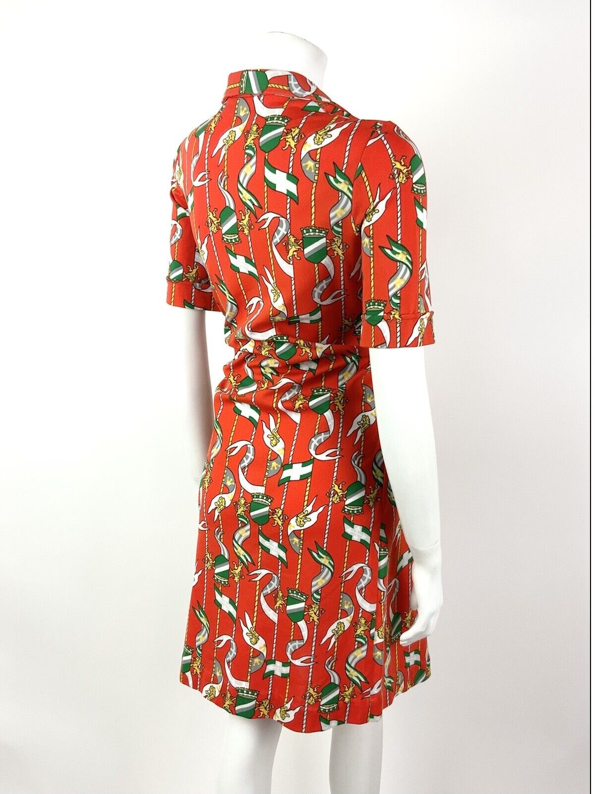 VTG 60s 70s RED ORANGE GREEN GREY FLAG LION CREST MOD DAGGER SHIRT DRESS 12 14