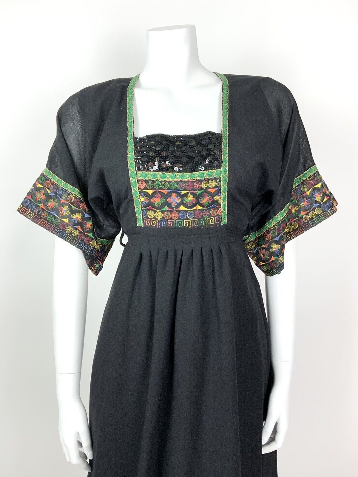 VTG 60s 70s BLACK GREEN ORANGE BLUE EMBROIDERED SEQUIN ETHNIC FOLK BOHO DRESS 8