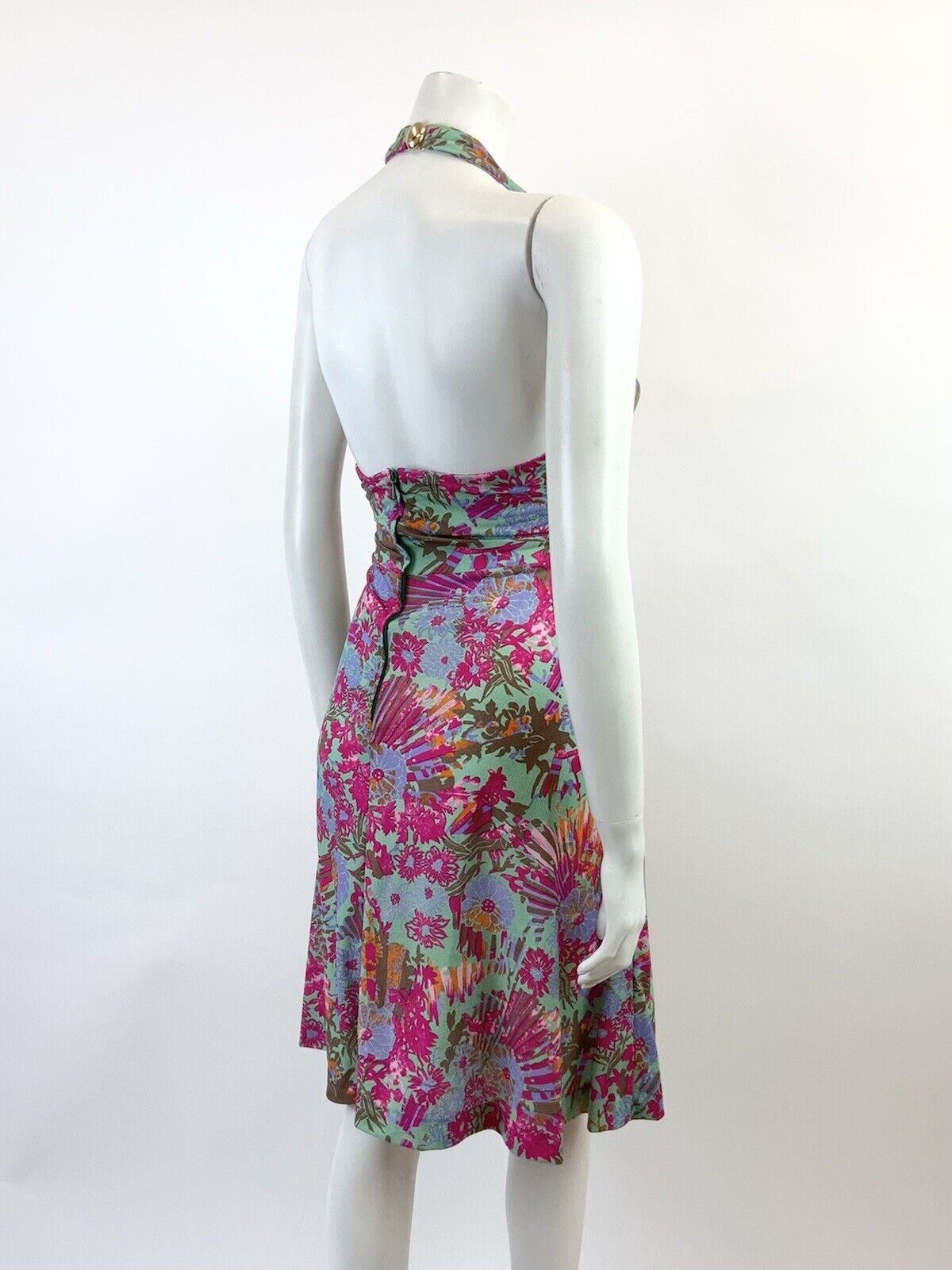 VINTAGE 60s 70s GREEN PINK ORANGE FLORAL HAWAIIAN HALTER MOD SWING DRESS 8 10