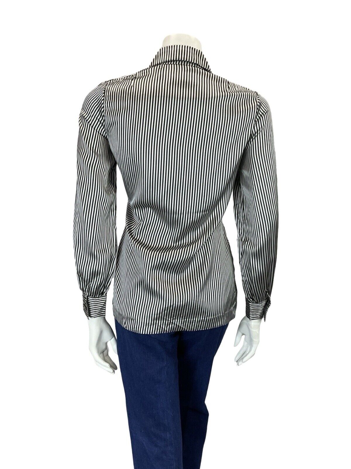 VTG 60S 70S BLACK WHITE SILKY SHINY MINI DAGGER COLLAR STRIPED PARTY SHIRT 10