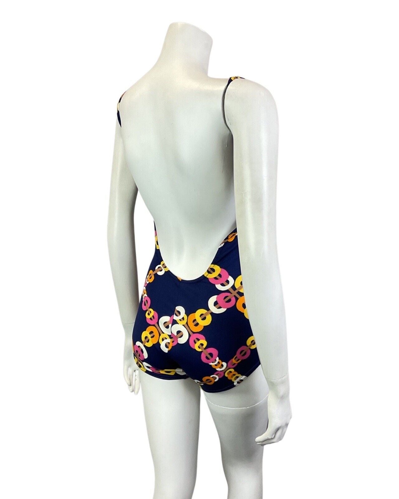 VINTAGE 60s 70s BLUE ORANGE PINK CHAIN-LINK GEOMETRIC MOD SWIMSUIT BODYSUIT 8