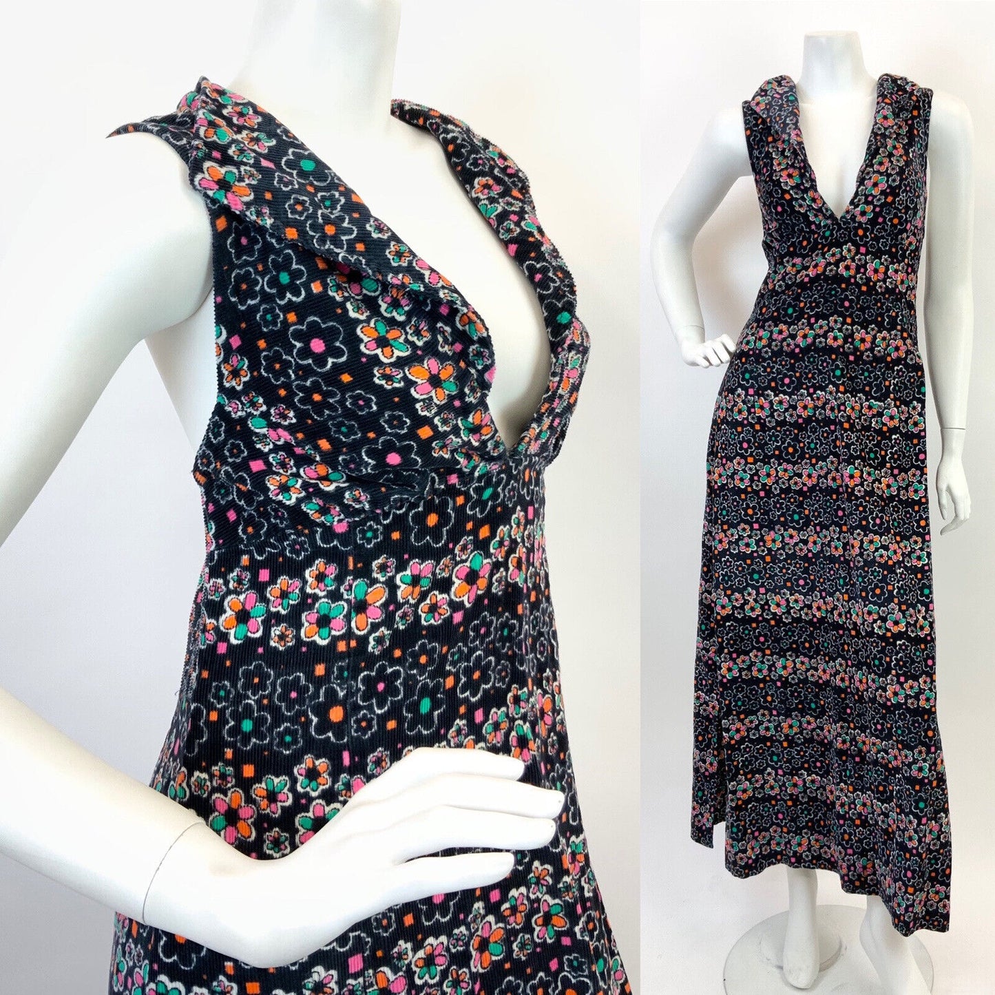 VTG 60s 70s BLACK PINK GREEN WHITE FLORAL DAISY CORDUROY PLUNGE MAXI DRESS 10 12