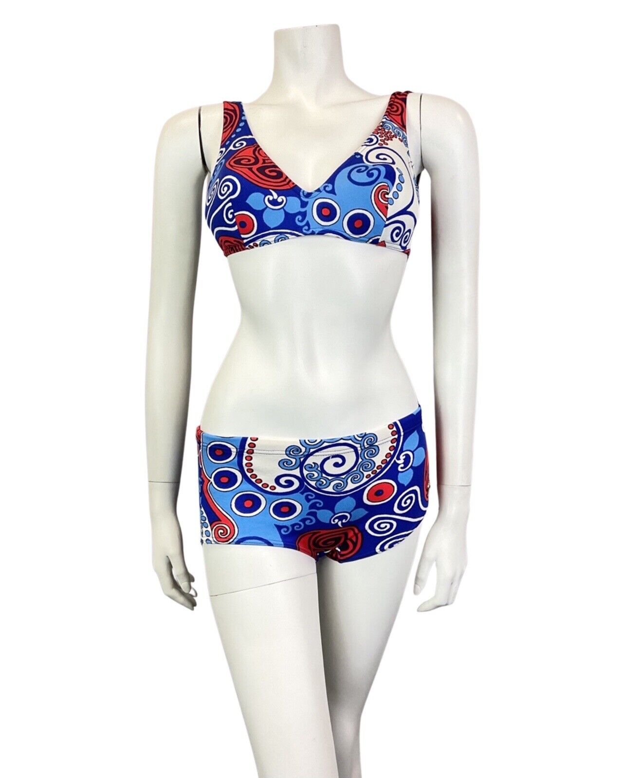 VINTAGE 60s 70s BLUE RED WHITE PSYCHEDLEIC SWIRL MOD BIKINI BRALETTE SHORTS 4