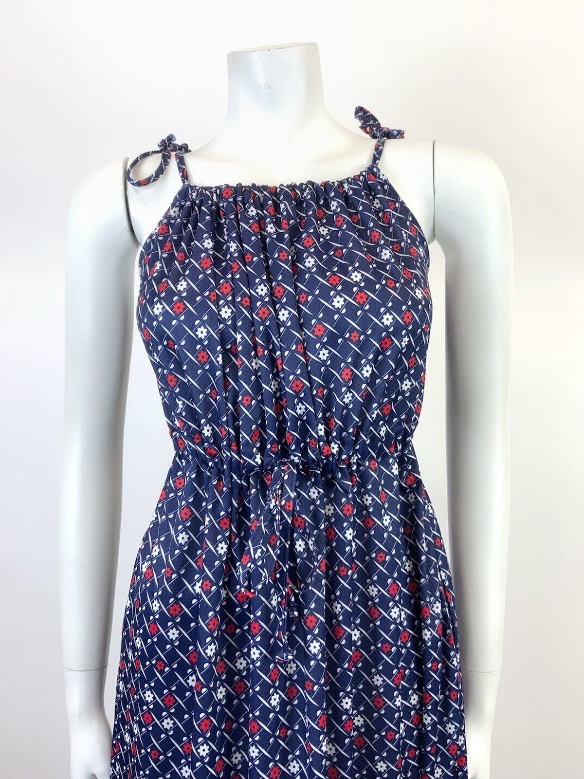 VINTAGE 70s 80s BLUE WHITE RED CHECKED GRID FLORAL STRAPPY MOD SUN DRESS 10 12