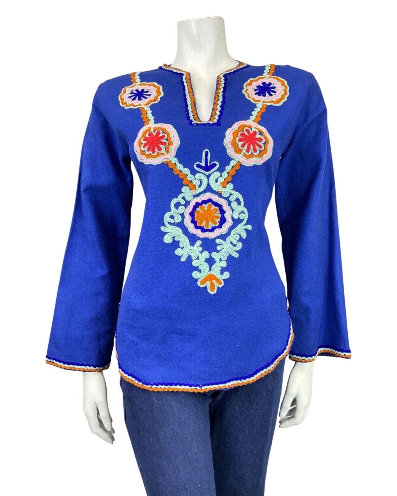 VTG 60s 70s BLUE ORANGE MIND CROCHETED RIC-RAC WAVY FLOWER BOHO FOLK BLOUSE 8 10