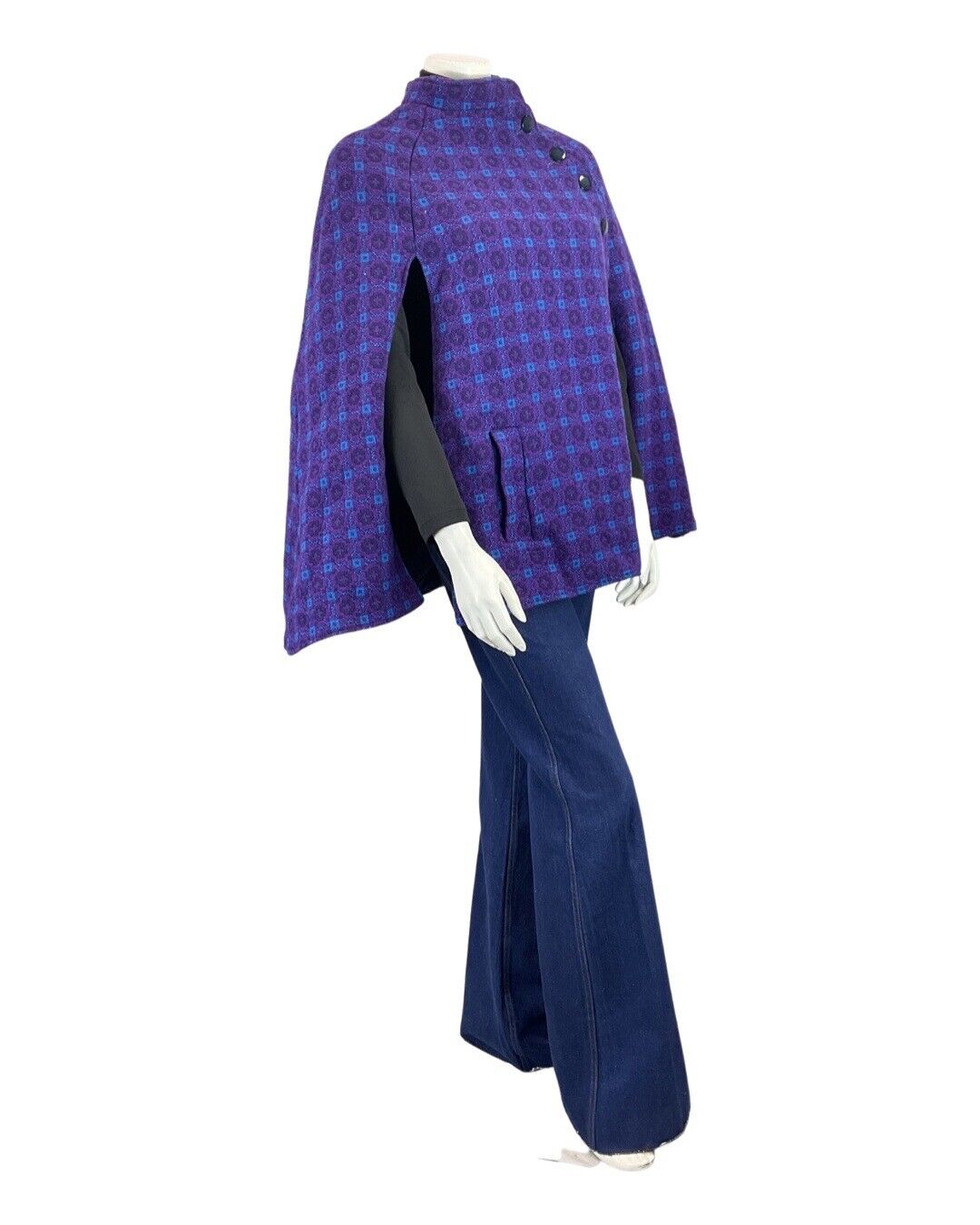 VINTAGE 60s PURPLE BLUE BLACK GEOMETRIC TILED MOD WOOL CAPE 6 8