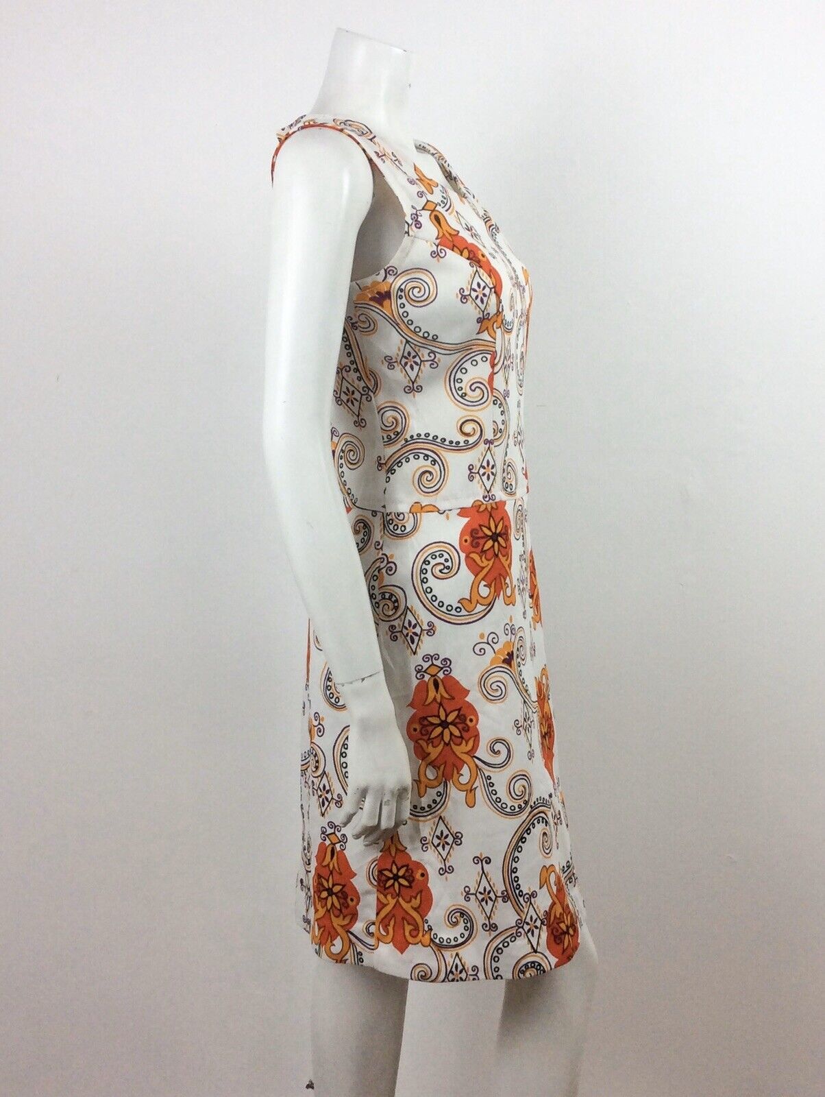 VINTAGE 60S WHITE ORANGE PURPLE YELLOW PAISLEY MINI DRESS 12