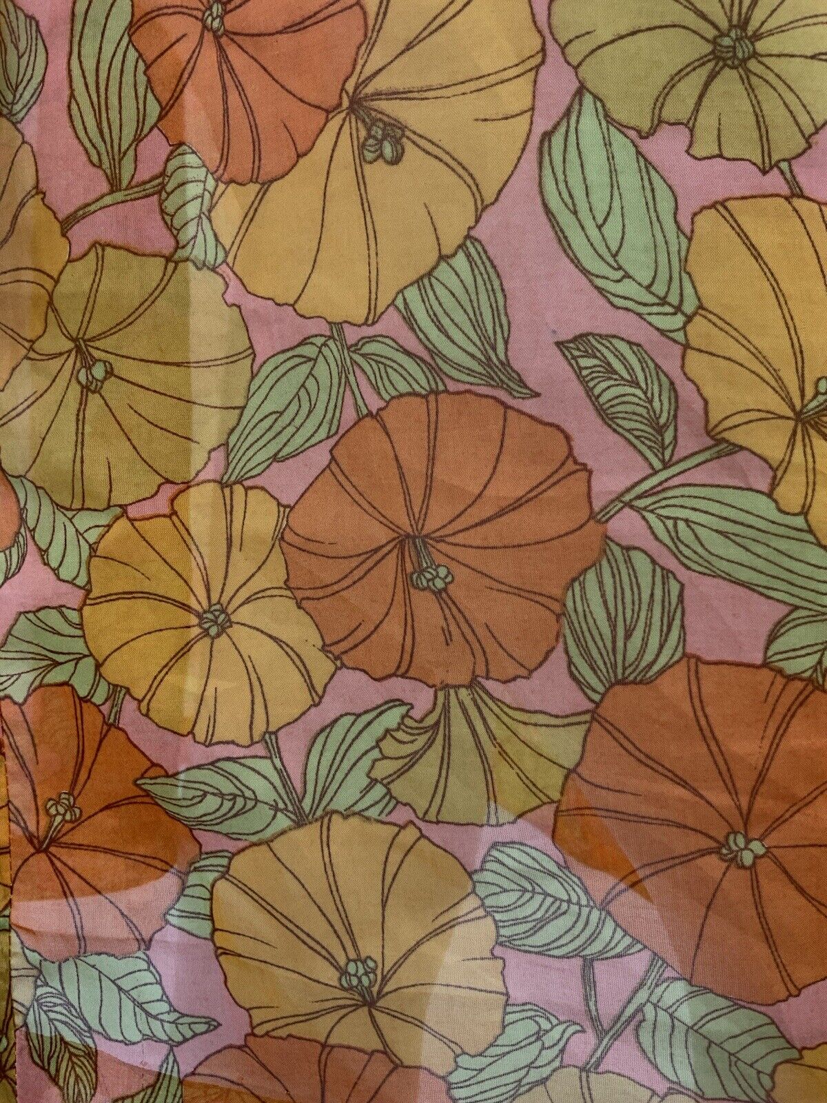 VINTAGE 60s 70s ORANGE PINK YELLOW GREEN FLORAL RUFFLE SHEER MOD DRESS 10 12