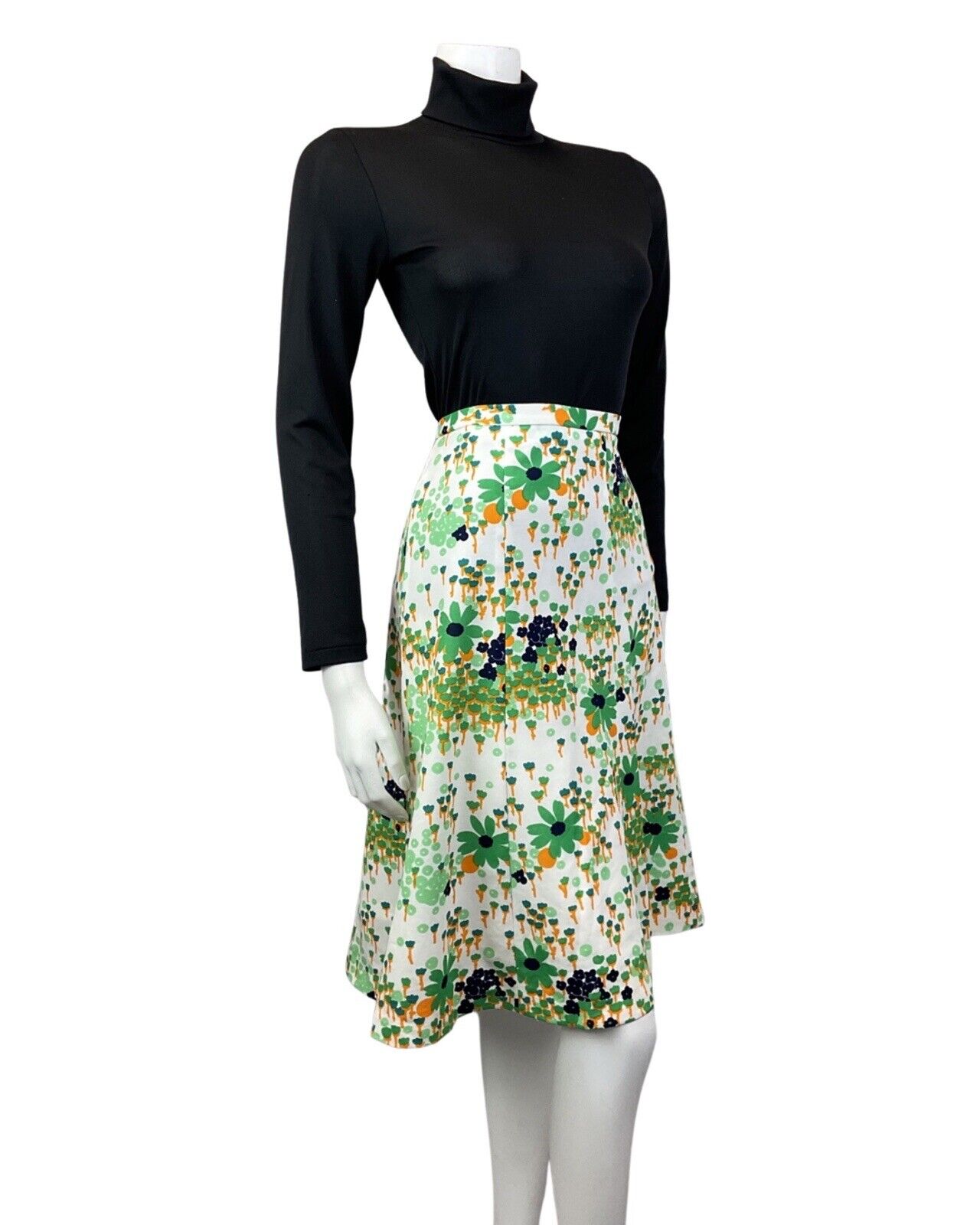 VTG 60s 70s WHITE GREEN YELLOW FLORAL PSYCHEDELIC MOD SWING SHORT SKIRT 12 14
