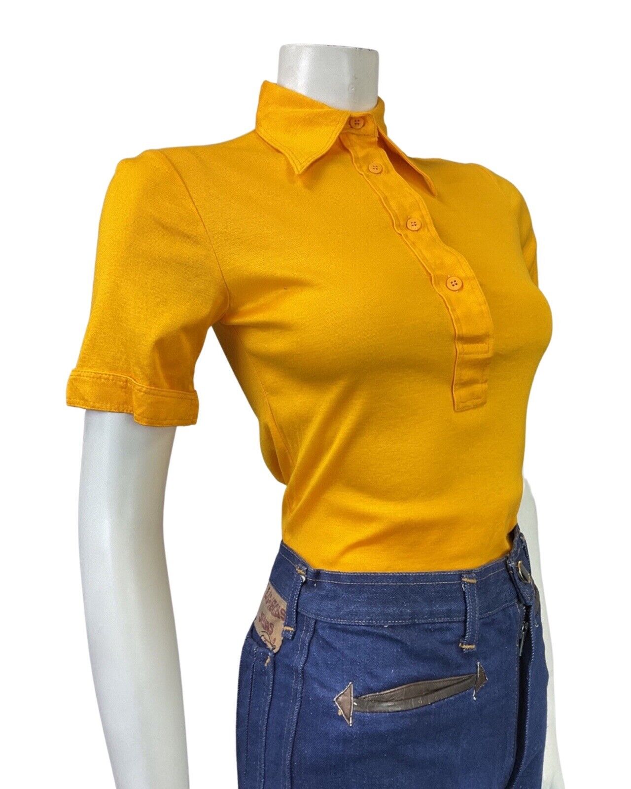 VINTAGE 60s 70s SUNSHINE YELLOW MOD DAGGER COLLAR SHORT SLEEVE SHIRT 8 10