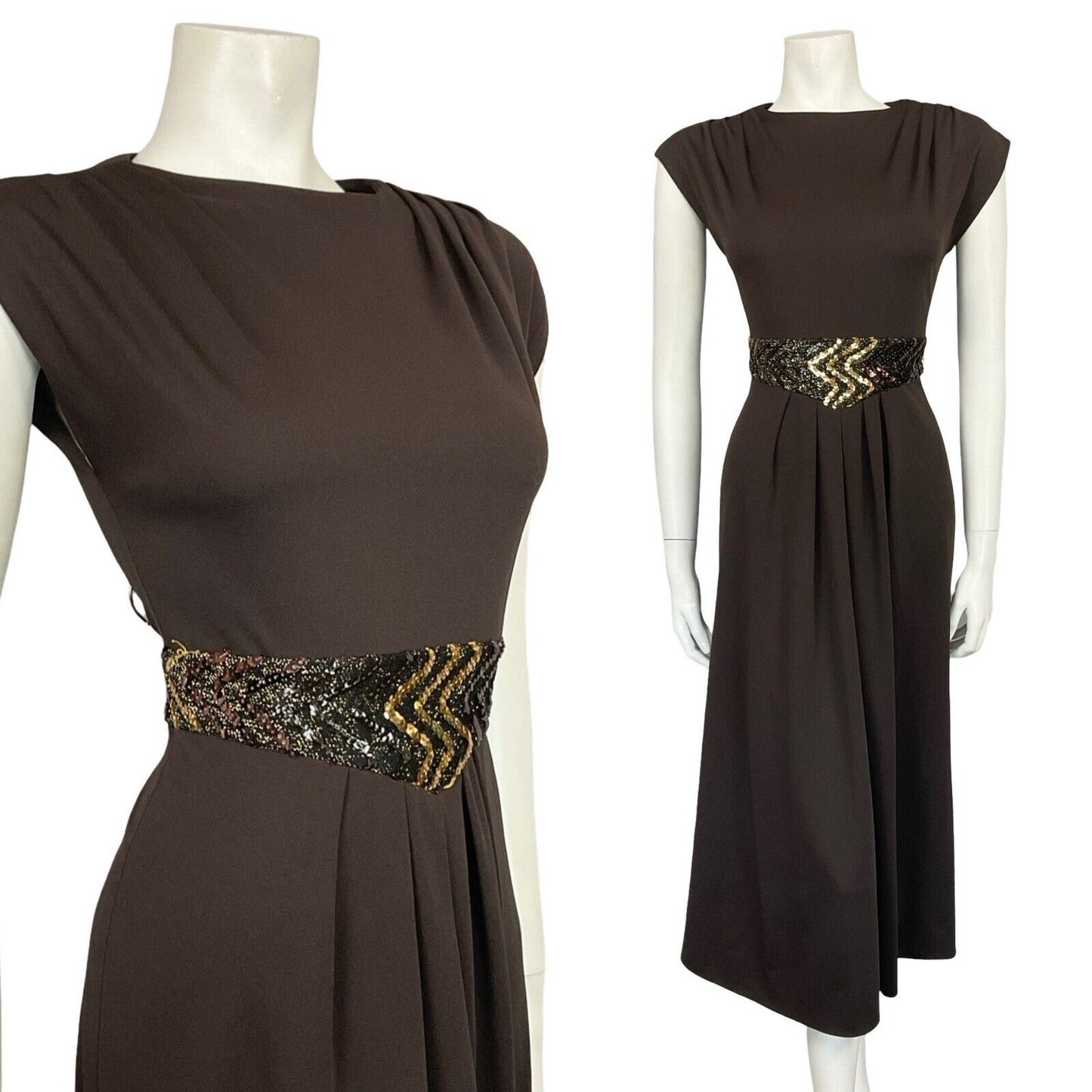 VTG 60S 70S BROWN GOLD SEQUIN BAND PLEATED TUNIC MOD PARTY MIDI DRESS 8
