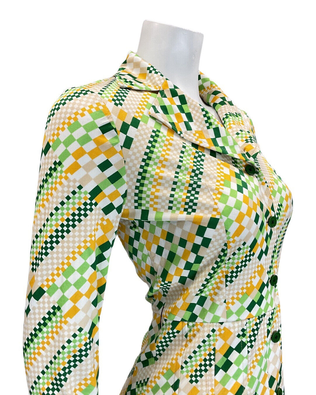 VINTAGE 60s 70s GREEN WHITE YELLOW PIXEL GEOMETRIC MOD DAGGER SHIRT DRESS 8