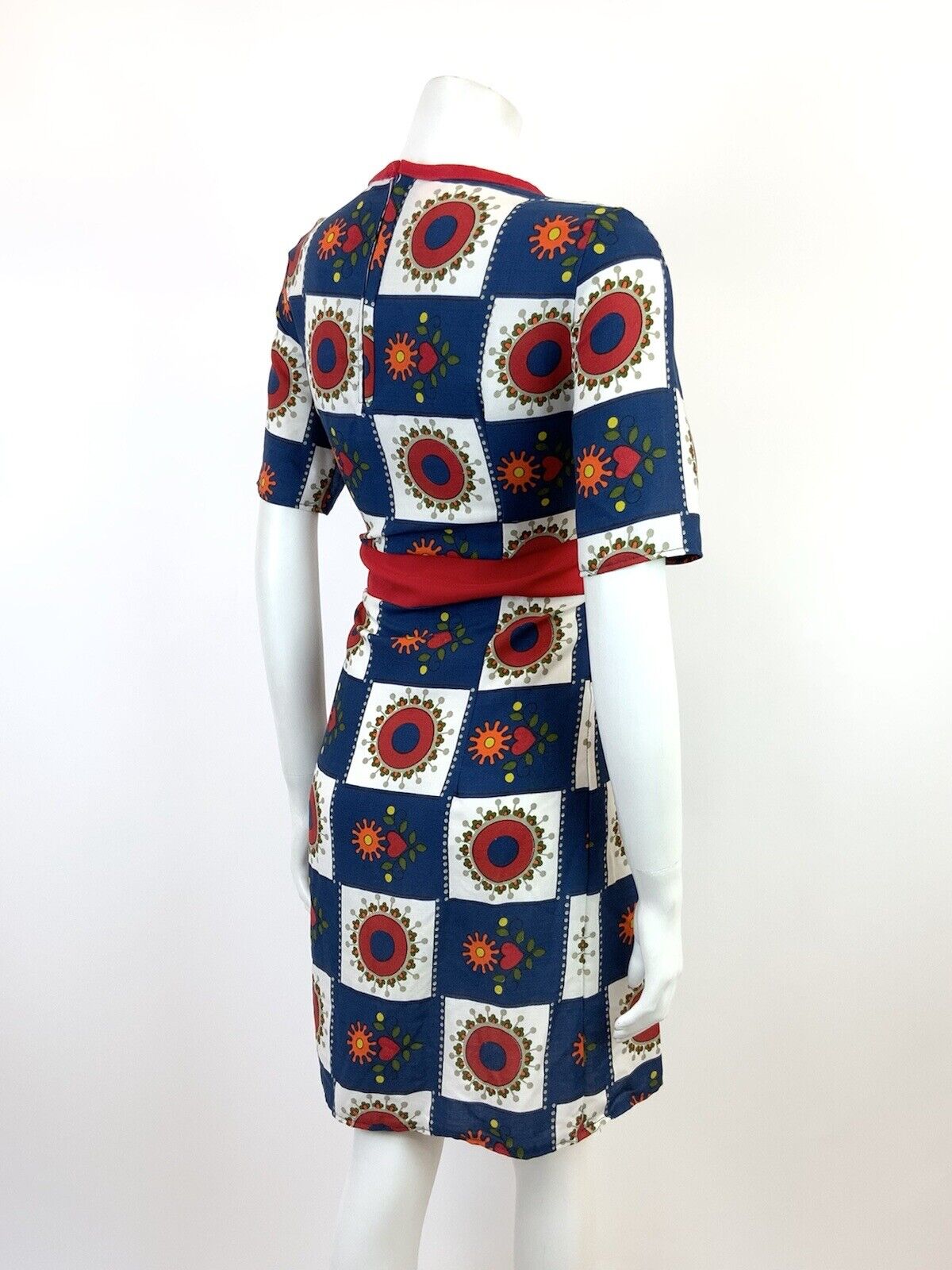 VINTAGE 60s 70s BLUE WHITE RED CHECKERBOARD HEART FLORAL MOD SHIFT DRESS 10 12