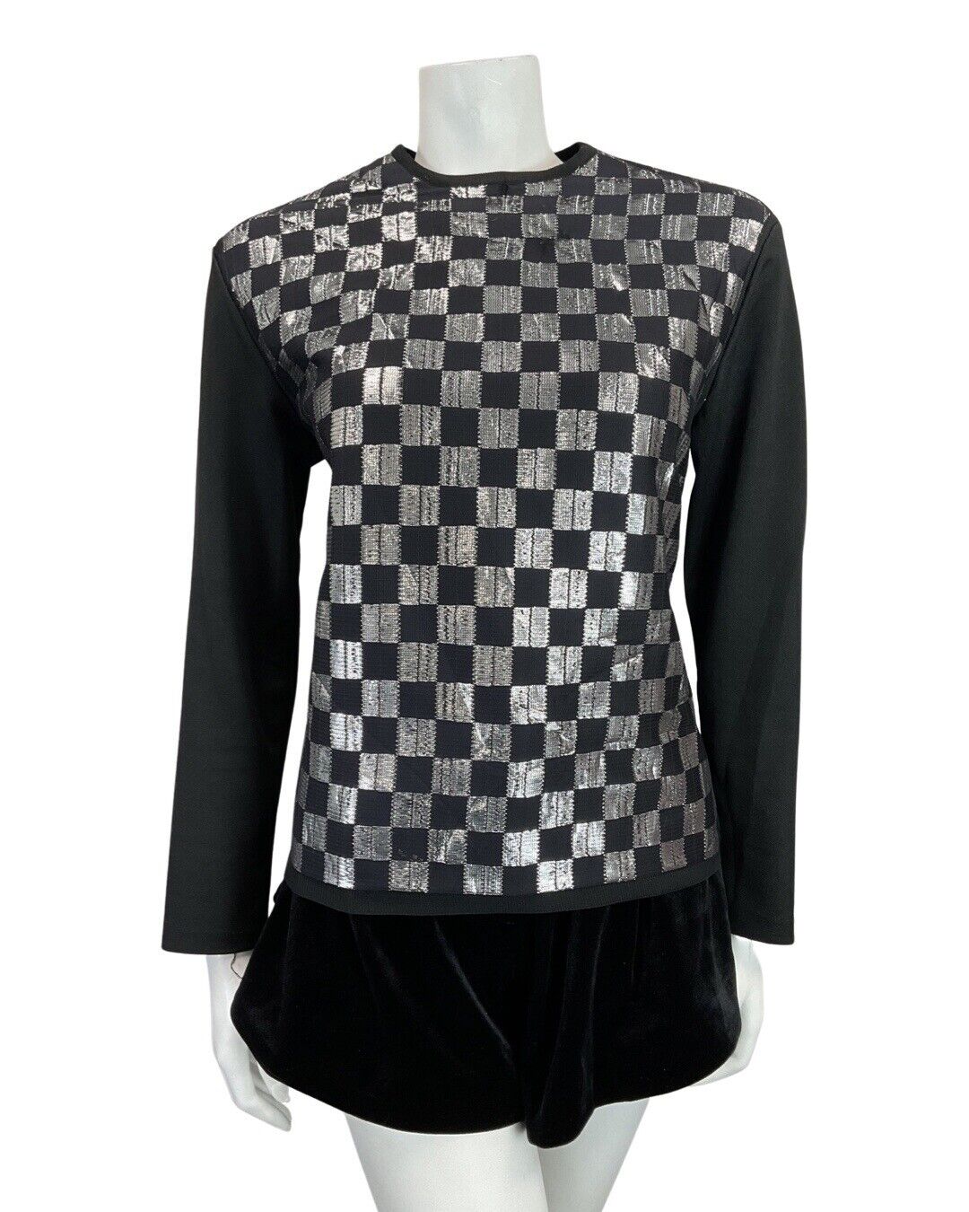 VINTAGE 60s 70s BLACK SILVER CHECKERBOARD MOD DISCO LONGSLEEVE BLOUSE TOP 14 16