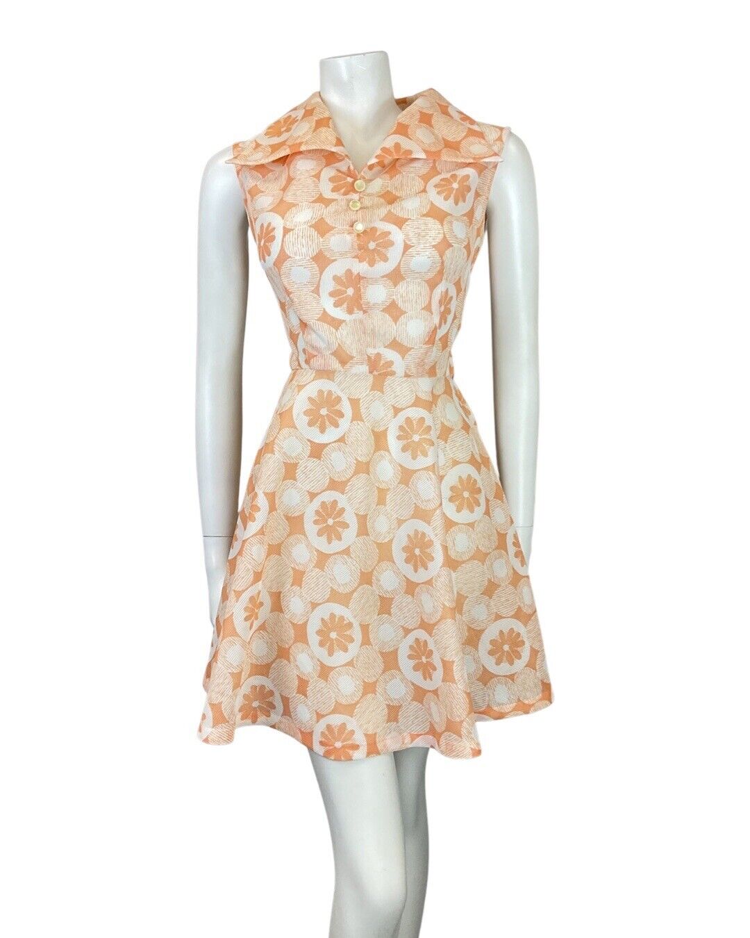 VINTAGE 60s 70s ORANGE PEACH WHITE DAISY DOTTY MOD SHIURT SWING DRESS 10 12