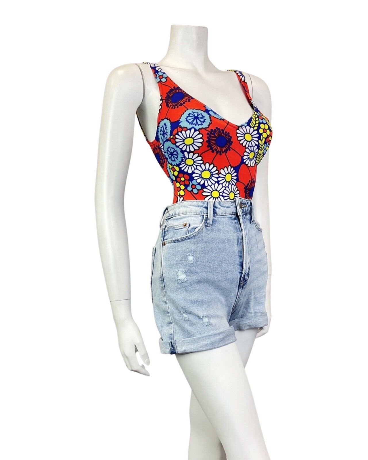 VINTAGE 60s 70s RED BLUE YELLOW DAISY FLOWER MOD SWIMSUIT BODYSUIT 10 12