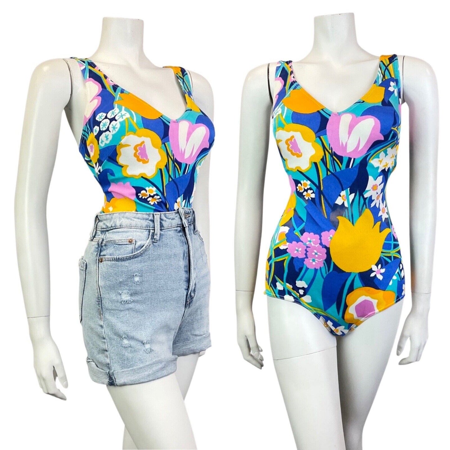 VINTAGE 60s 70s BLUE PINK YELLOW FLORAL PSYCHEDELIC SWIMSUIT BODYSUIT 14