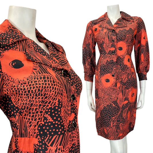 VINTAGE 60s 70s ORANGE BLUE FLORAL PSYCHEDELIC MOD SILK SHIRT DRESS 10