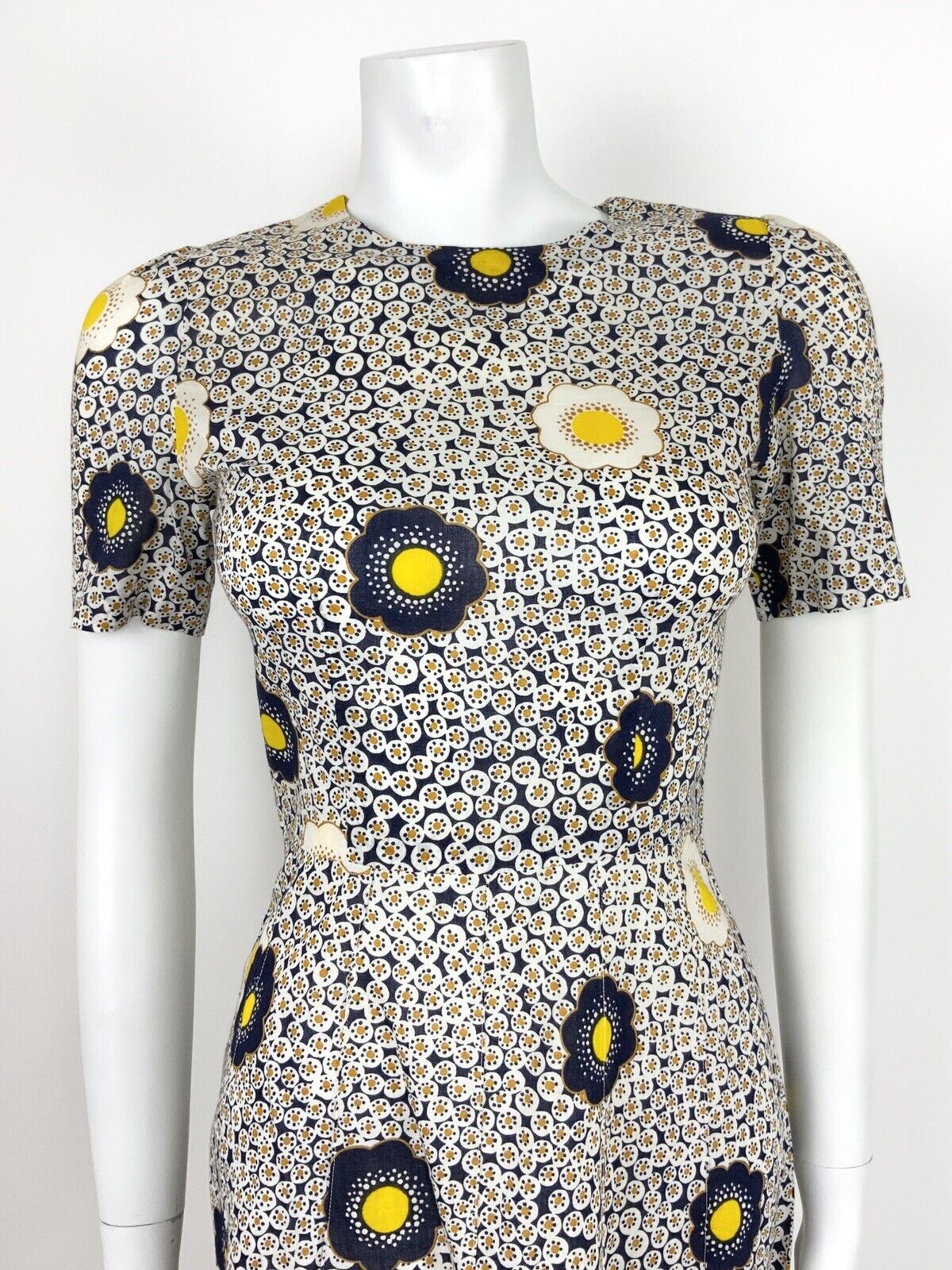 VTG 60s 70s BLUE WHITE YELLOW FLORAL MOD DAISY DOTTY DRESS SUMMER HIPPY 8